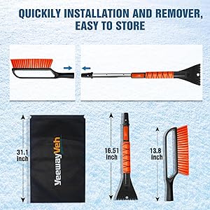 YeewayVeh 35 inch Ice Scrapers for Car Windshield, Extendable Snow Brush for Car with Foam Grip & Additional Handhold, 2 in 1 Detachable & Scratch-Free Snow Scraper for Car Truck SUV, Orange