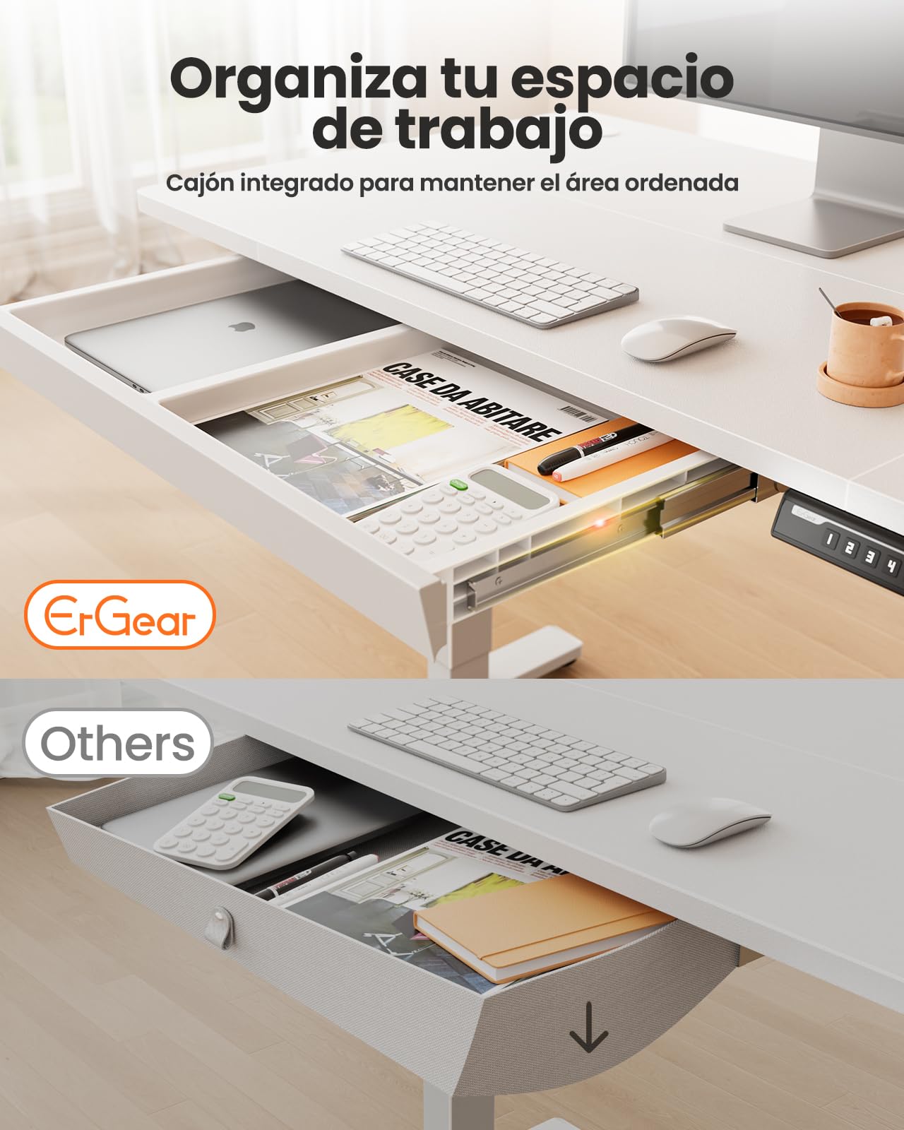 ErGear Escritorio Elevable Eléctrico, 160x80cm, Blanco+Cajones | Ajuste Eléctrico 72-118cm, 4 Memorias, 80kg, <55dB, Estable, Ganchos y Pasacables, Tablero Ensamblado.