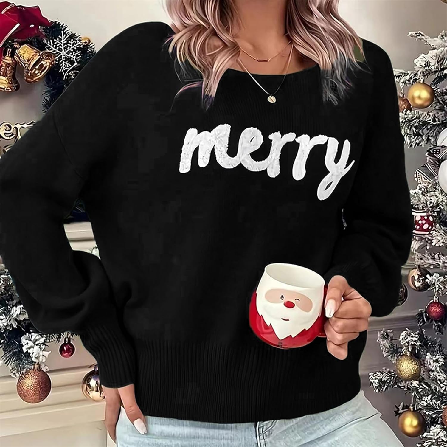 Women Merry Print Christmas Sweater Xmas Classic Letter Graphic Loose Long Sleeve Knitted Pullover Crew Neck Jumper - Image 3