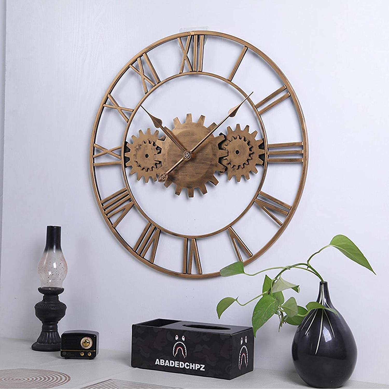 XJBTBA Reloj de Pared Grande con Engranaje Retro Romano, Redondo, de Metal, silencioso, sin tictac, Funciona con Pilas, 22.8 in, Reloj de Pared Industrial Grande para Sala de Estar, Dormitorio,