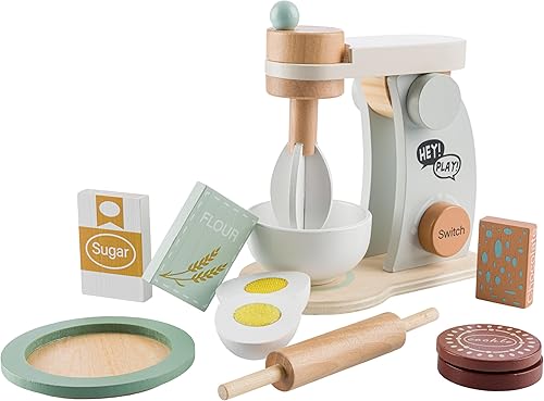 Miniatura 7 de Hey Play - Mezclador de juguete de madera para niños, juego de cocina de 9 piezas para niños pequeños con batidora de pie, comida de juego y