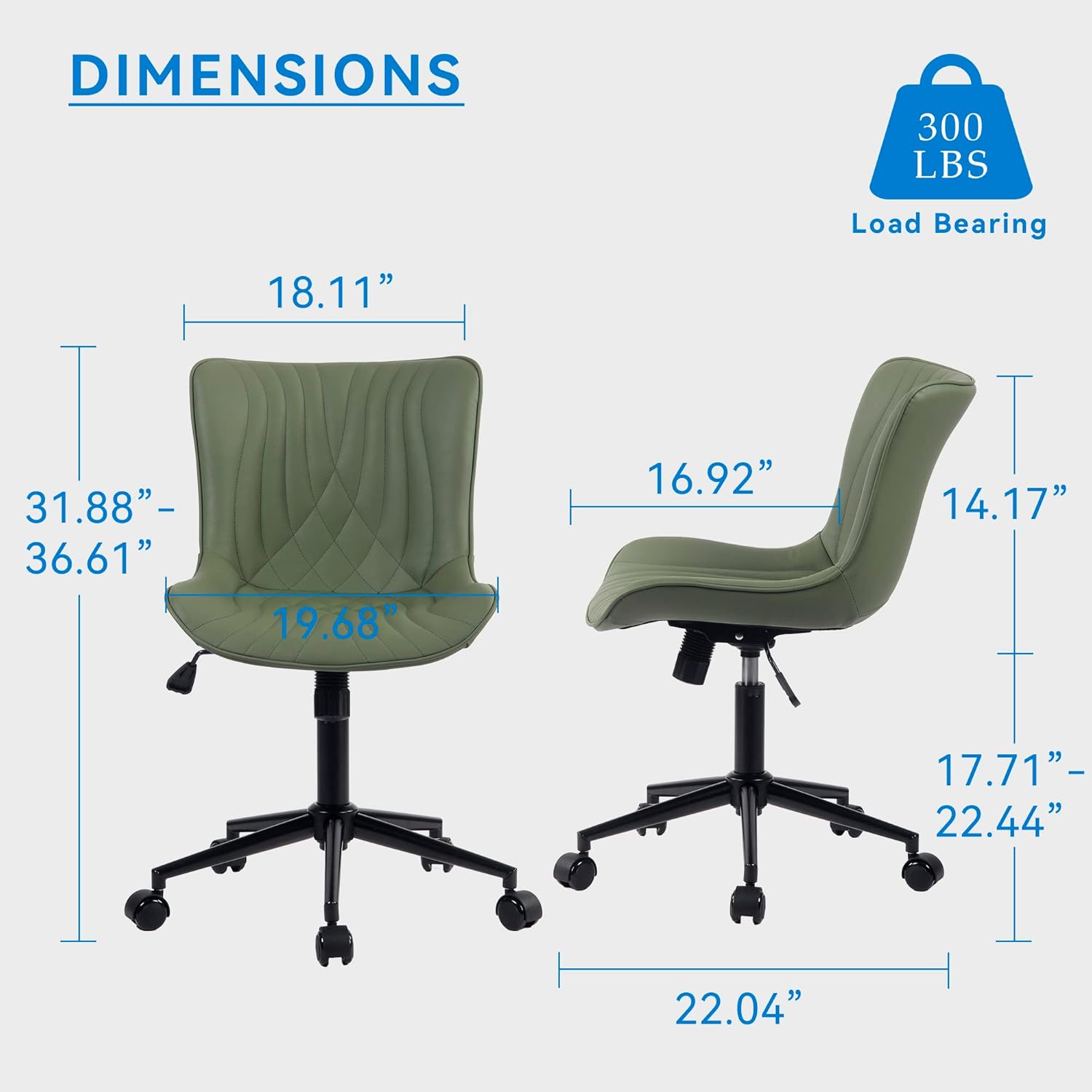 younike office chair, armless desk chair computer chair with wheels, modern upholstered pu leather task chair, rolling adjustable swivel home office desk chair, dark green modern olive
