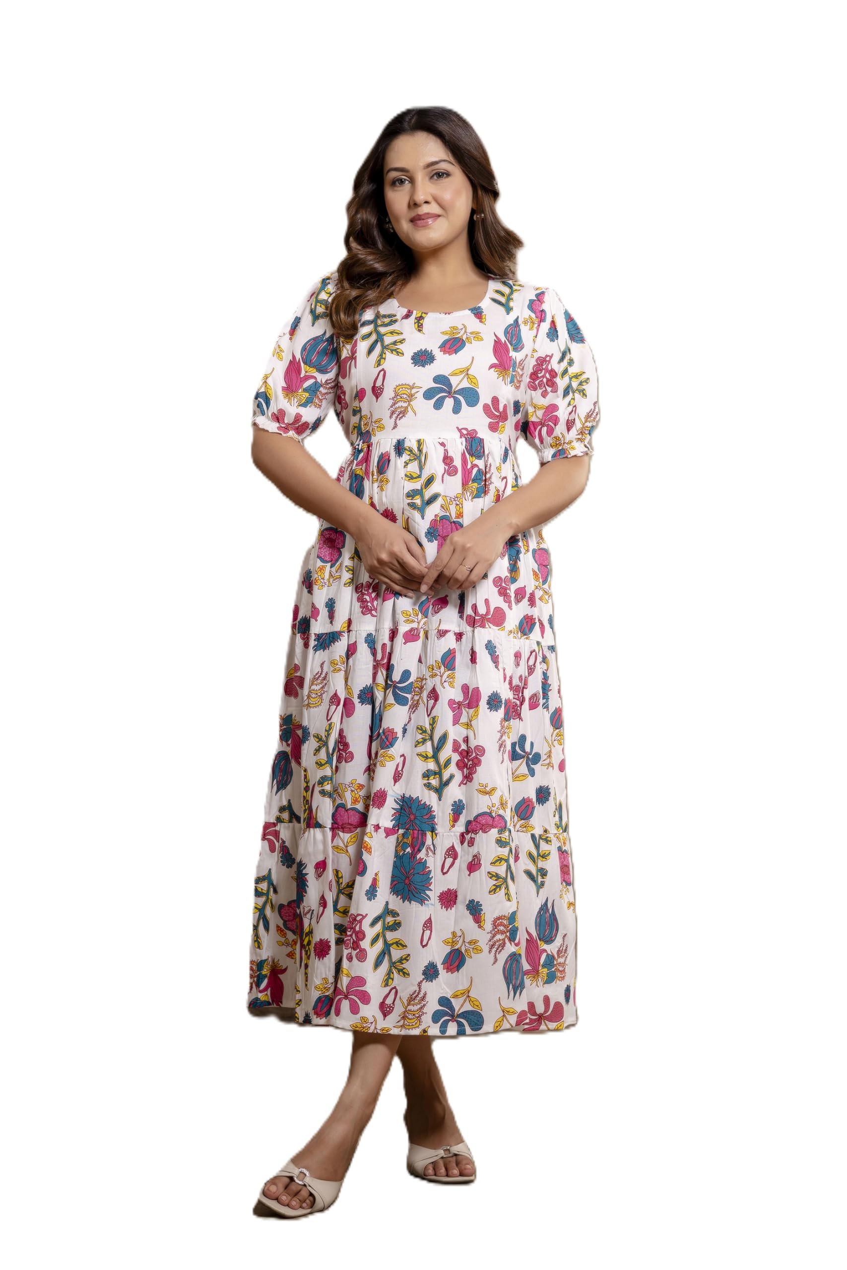 Womens Viscose Maternity Nursing Feeding Breast Feeding Dress with Zippers for Post Pregnancy Dress Tiered Casual Dress White-image-43