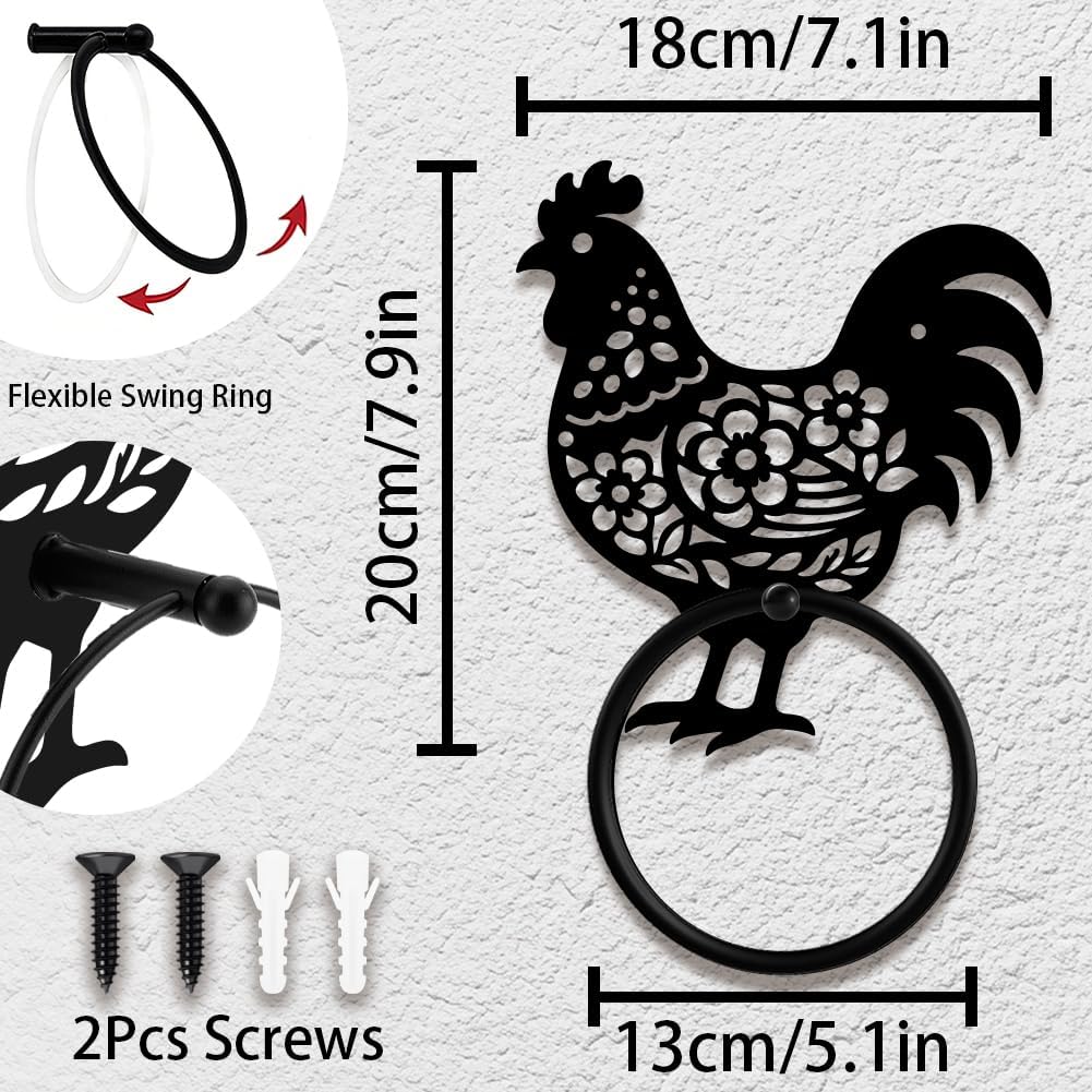 Art Bathroom Towel Ring Black Rustic Chicken Metal Modern Round Towel Hanger 5.1in Wall Mounted Hanging Ring Bath Decorative Hardware Accessory for Kitchen Bar Toilet Home Hotel Decor image 2