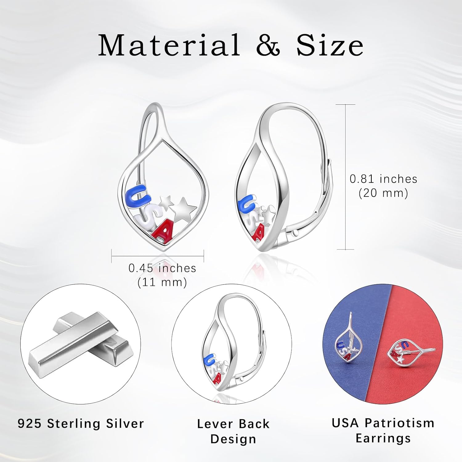 American Flag Lever Back Earrings for Women: 925 Sterling Silver USA Flag Dangle Earrings 4th of July Star Lever Back Dangle Earring Independence Day Patriotic Jewelry Gifts