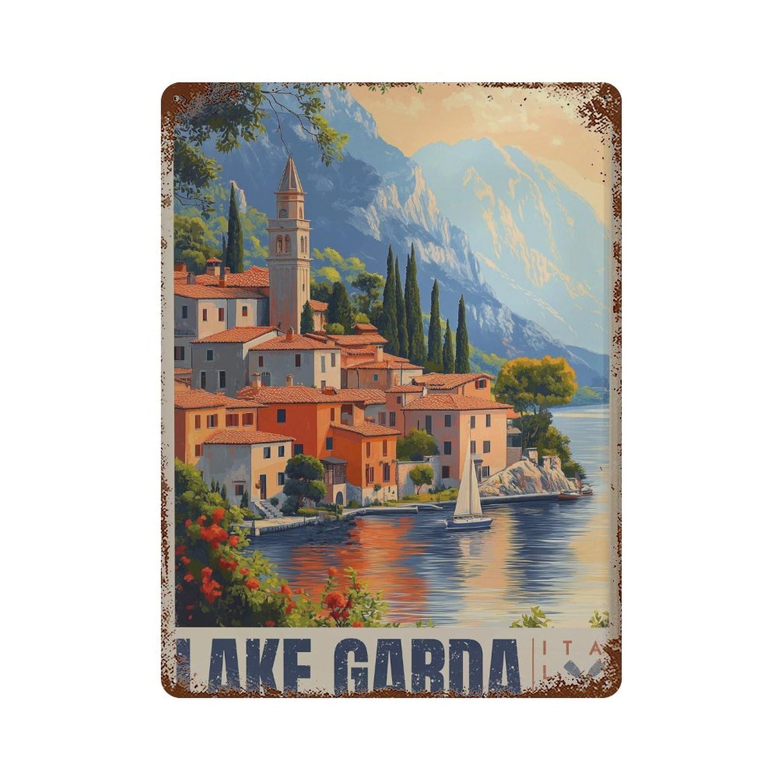 xiaoxiaoshen Lake Garda Italian Travel Mountain View Wall Decor Art Metal Tin Poster Modern Home Decor Art Home Bar Shop Decorations Vintage Sign 40x30cm