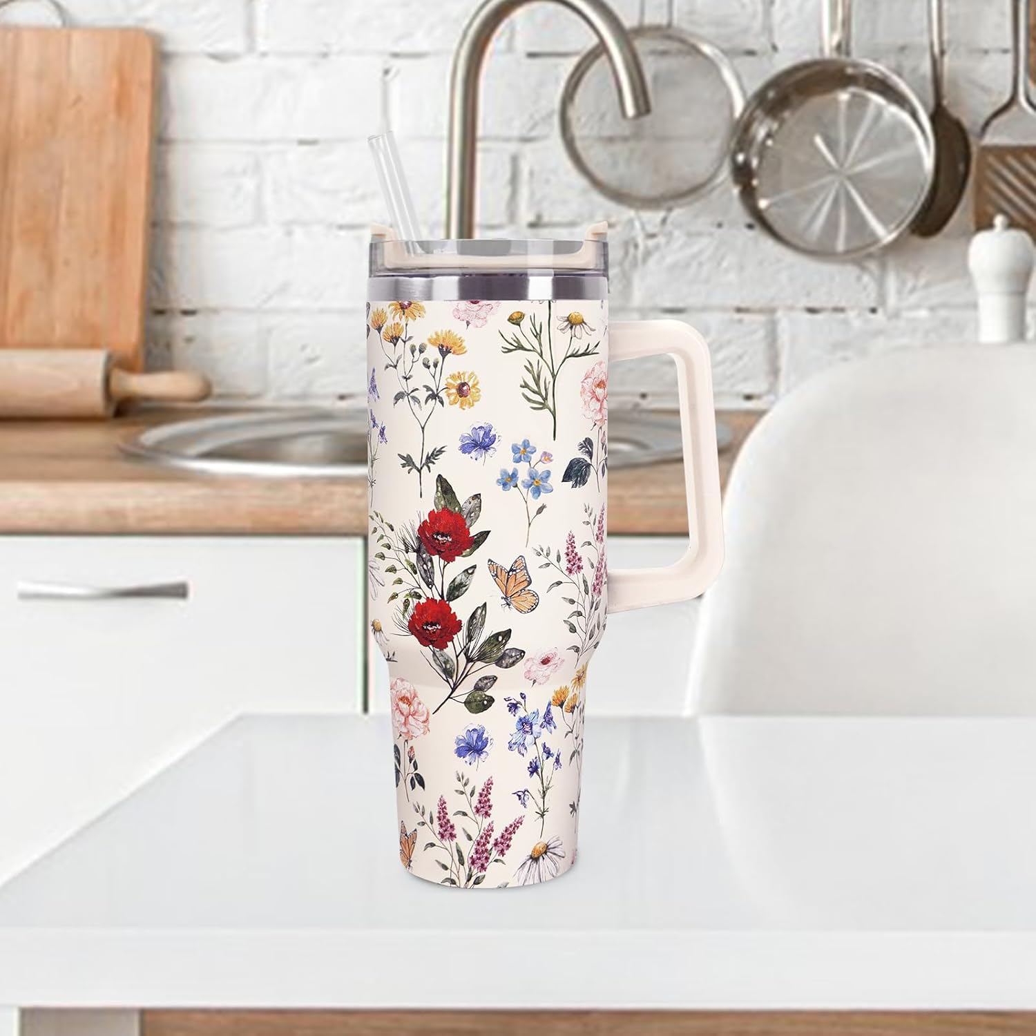 Vintage Wildflower Tumbler with Handle Lid Straw 40 Oz Spring Floral Stainless Steel Cup Retro Colorful Flower Travel Mug Iced Coffee Hot Drink Tumbler for Women Girls Gifts Party Favor - Image 6