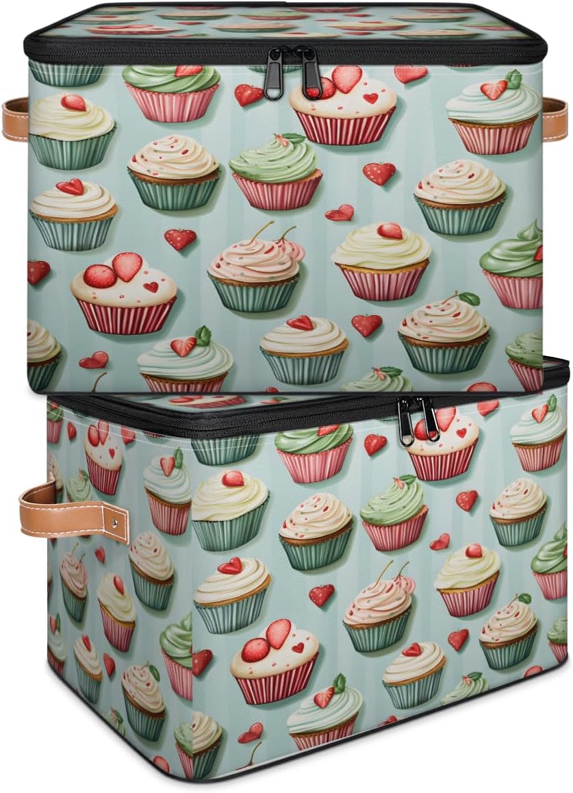Storage Bin Set of 2 Fruit Cupcake Storage Basket with Zipper Lid & Handle Foldable Closet Shelf 2 Pack Cloth Organizer Basket Cube Bins Clothes Organizer for Nursery, Bedroom