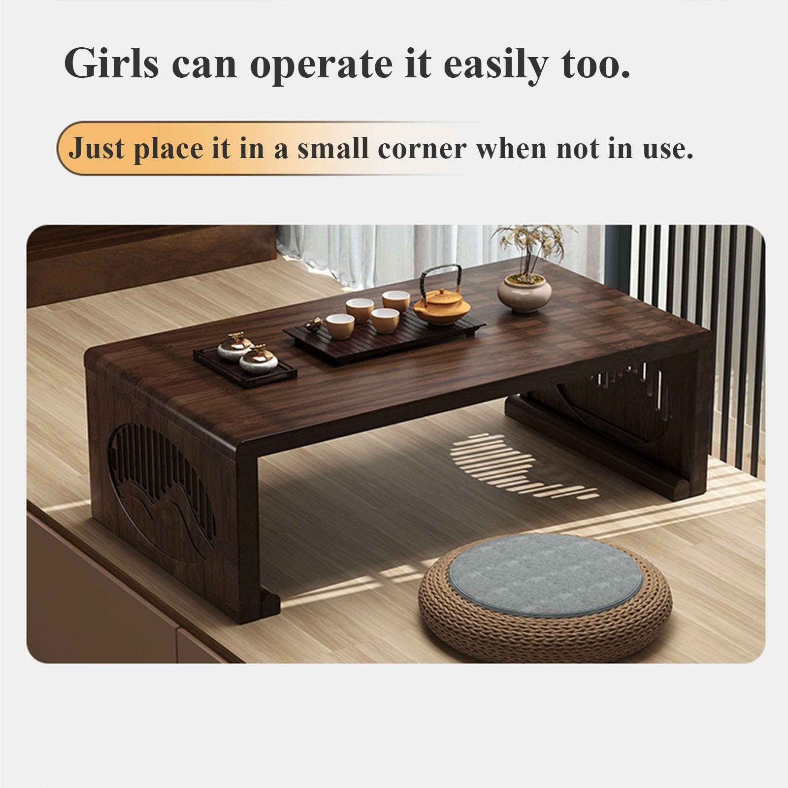 Table à thé pliable en bambou – Table basse élégante pour salon et balcon en bois massif avec sculpture traditionnelle, pas de montage nécessaire, supporte 100 kg, bords lisses, design compact