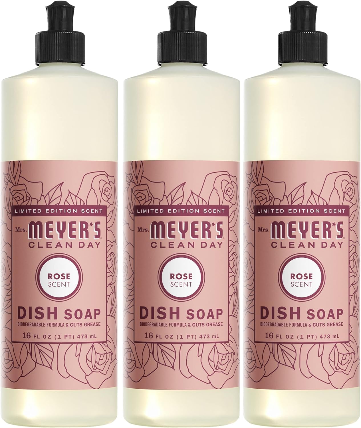 Mrs MEYERS Clean Day Liquid Dish Soap Rose Scent 16 Fl Oz Pack of 3