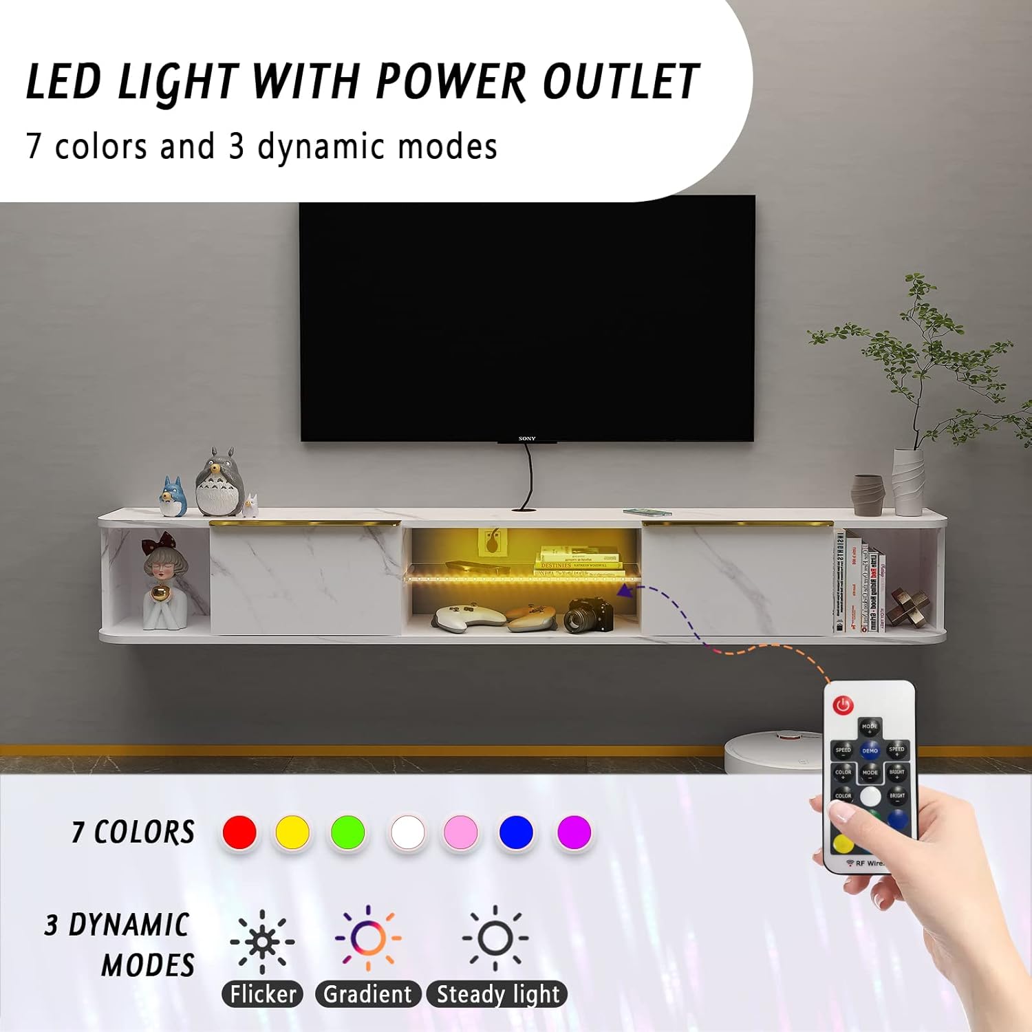Pmnianhua LED Floating TV Stand with 2 Drawers,70'' Floating TV Shelf with LED Lights,Wall Mounted Media Console,Floating Entertainment Center with Storage for Bedroom Playroom Living Room(White)