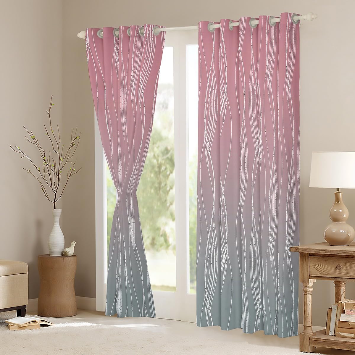 Homewish Pink Grey 46" Wx54 L Window Curtains For Girls Room Abstract Ombre Curtains & Drapes Light Pink Gray Gradient Blackout Curtains Geometric Silver Striped Window Treatments 2 Panels - Image 4
