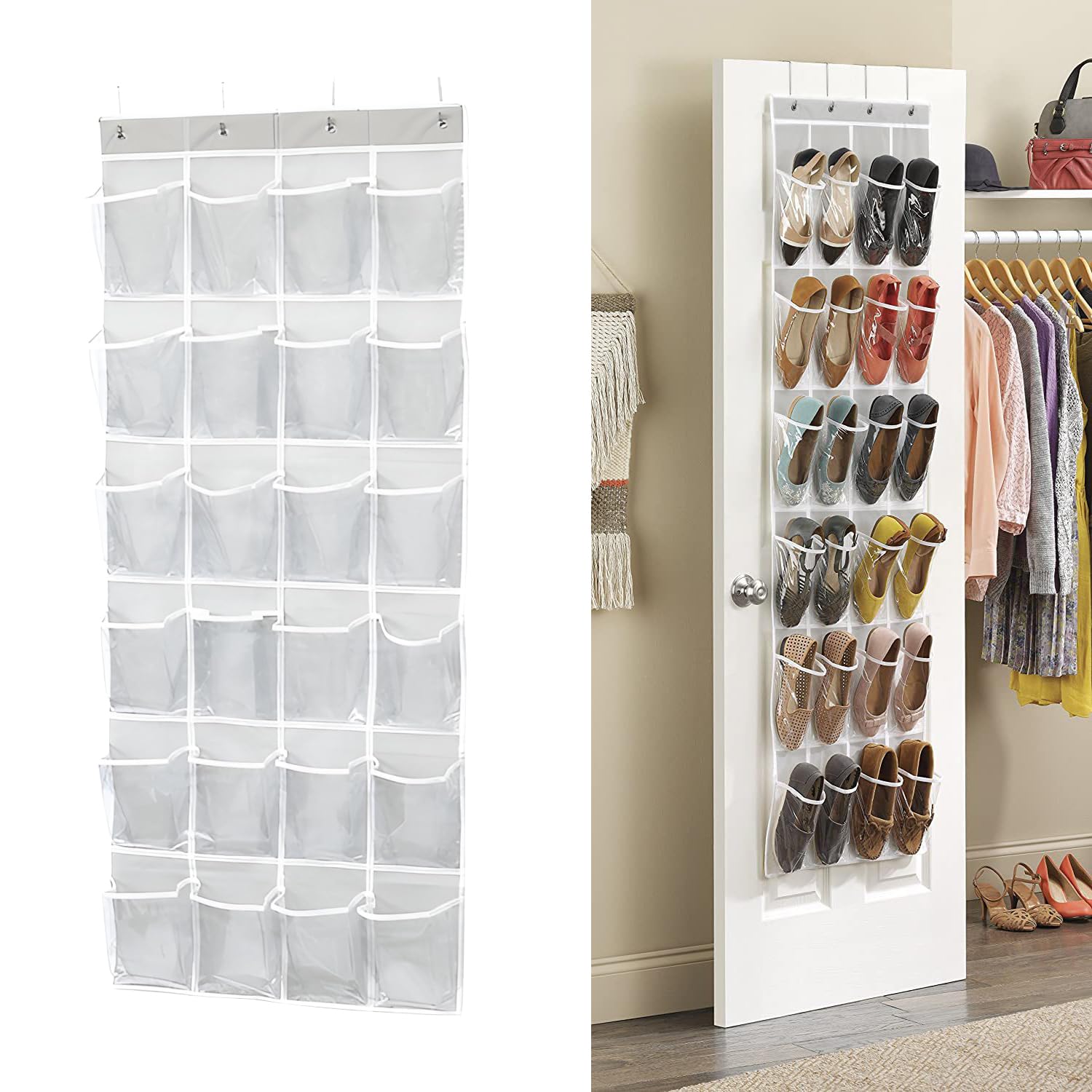ONTHIS 24 Pockets Over Door Shoe Organizer, Hanging Shoe Holder Back of the Door Organiser Tidy Hanging Shoe Storage Organiser Foldable Transparent Shoe Hanger, Light Grey