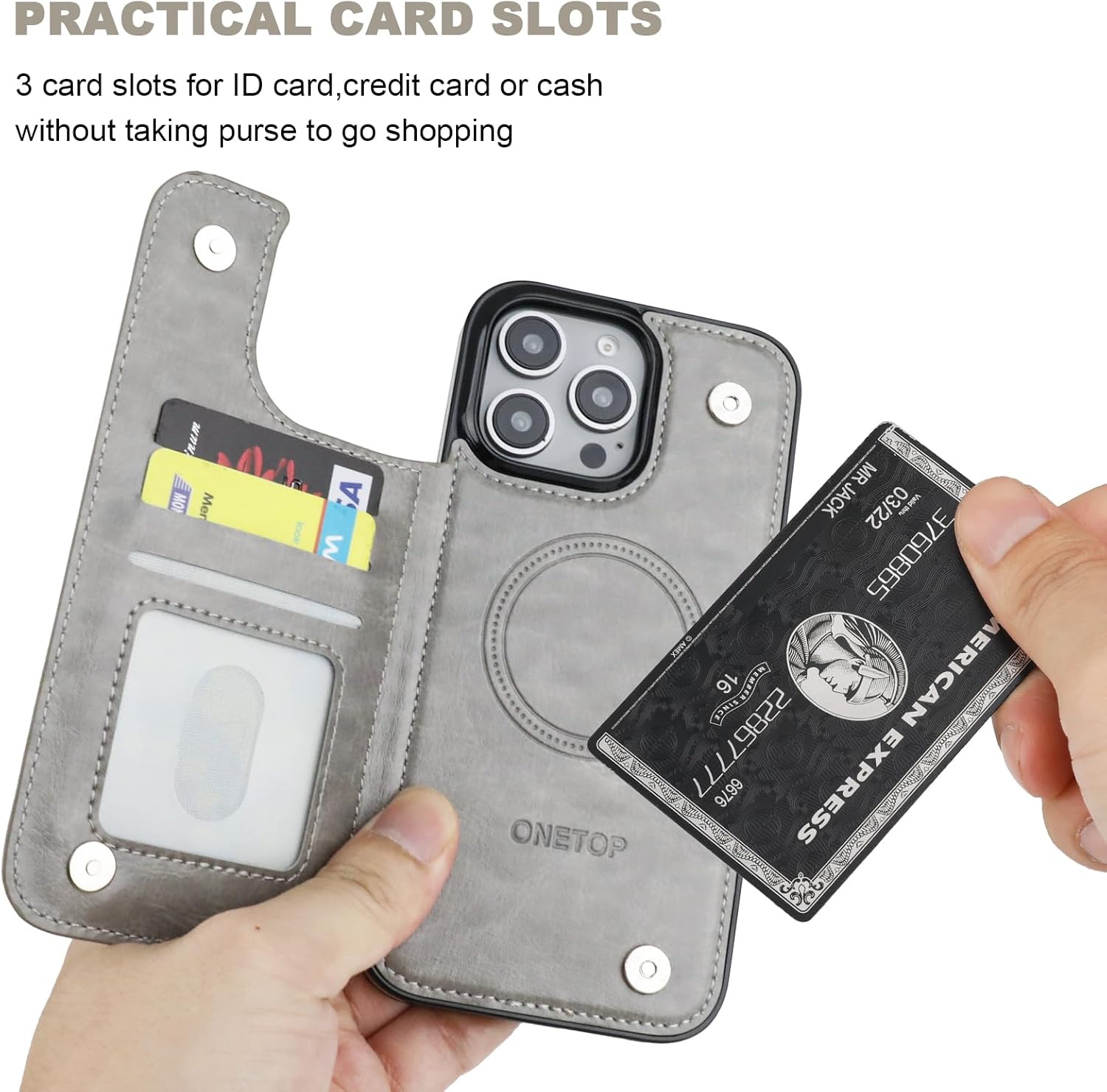 ONETOP Compatible with Magsafe for iPhone 16 Pro Max Wallet Case with Card Holder, PU Leather Kickstand RFID Blocking Case, Double Magnetic Clasp and Durable Shockproof Cover 6.9 Inch (Grey)