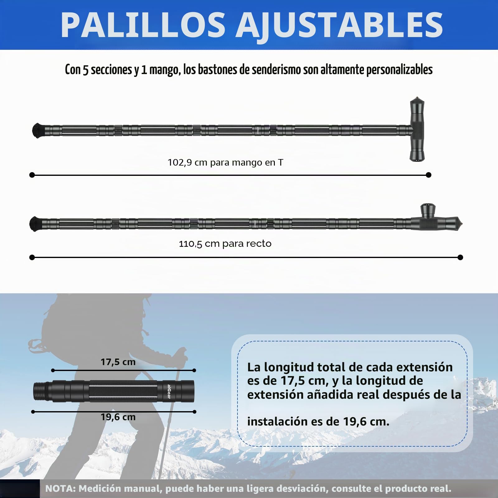 aiGear 5 Tubo Bastones de Senderismo Ajustable CNC Aluminio | Ligero y Resistente Palos Senderismo, Bastoncini con Bolsa de Almacenamiento, para Camping Montañismo Mochila Alpinismo Trail