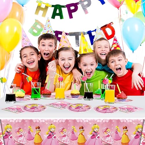 Miniatura 5 de Suministros de fiesta para princesa melocotón, 20 platos, 20 servilletas y 1 mantel, decoración de melocotón princesa