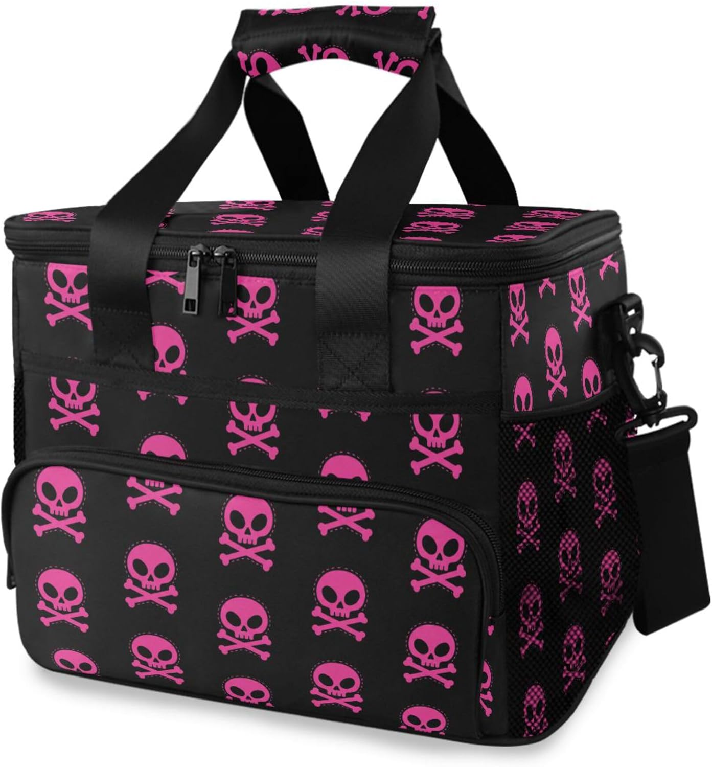 MNSRUU Cooler Bag Pink Skull with Crossed Bones Lightweight Insulated Picnic Bag for Beach Outdoor Activities Portable Lunch Totes Picnic Accessories with Zipper Adjustable Shoulder Strap