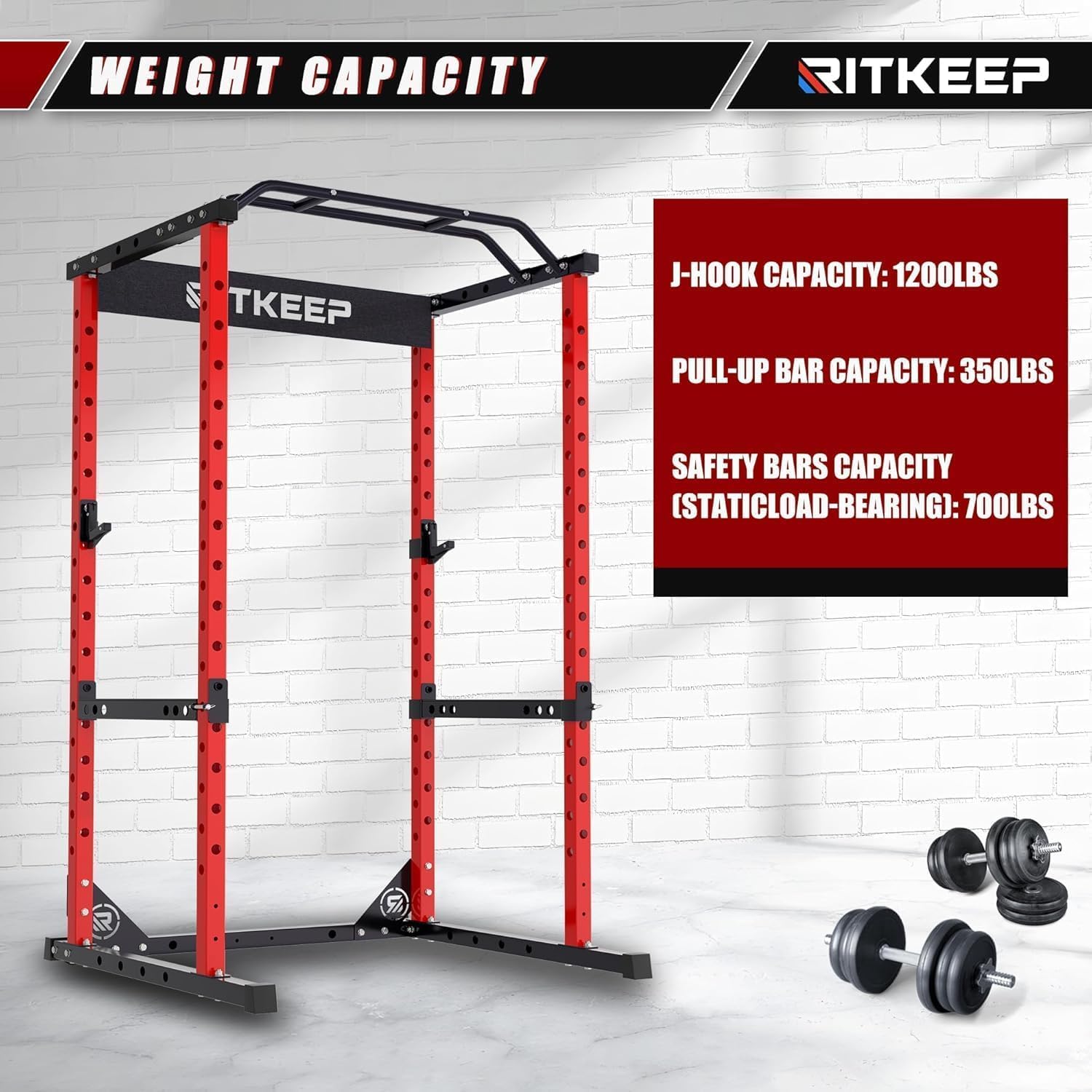 RitKeep Power Cage Power Rack RMAX-2250 Home Gym Weightlifting Squat Rack, 1200LB Capacity Multi-Functional Strength Training Cage with Pull-Up Bar, J-Hooks & Safety Bars