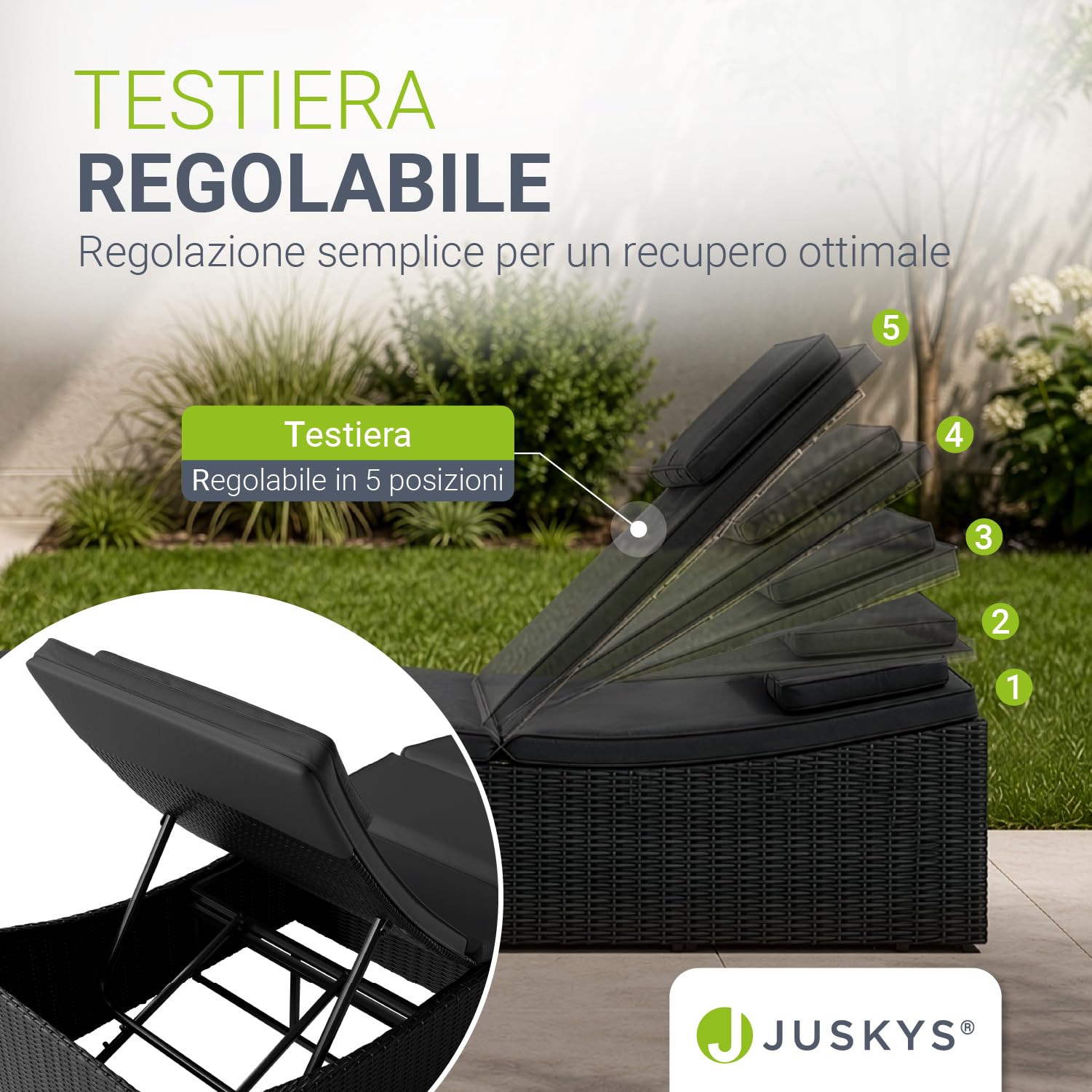 Juskys sdraio pieghevole Lamia – Da giardino, balcone, esterno – Polyrattan con cuscino e poggiatesta regolabile – Caricabile fino a 160 kg – Nero