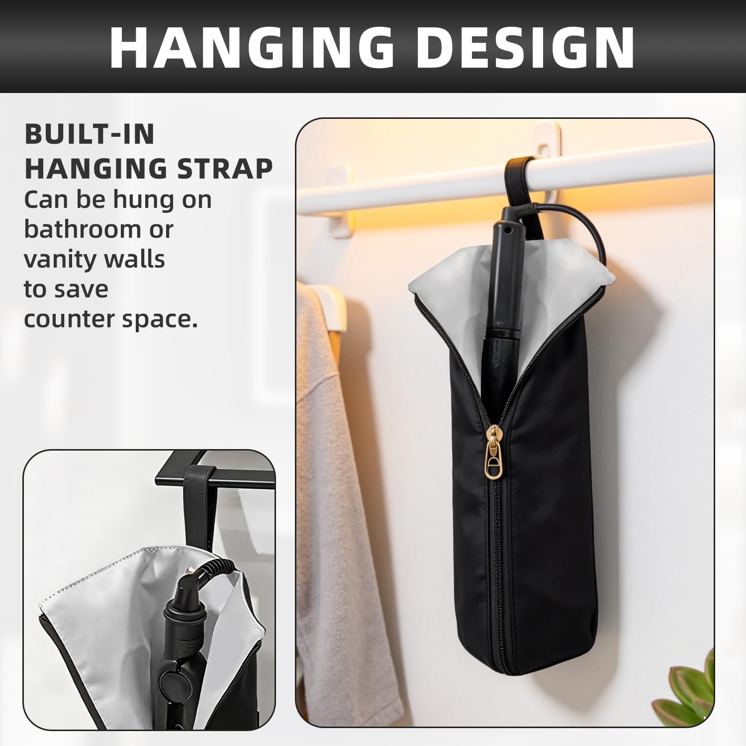 Funda Plancha Pelo Funda Airstrait,Estuche Airstrait con Forro Antiquemadura Adecuado para Tenacillas, Planchas y Otros Utensilios de Peinado,Colgable A Prueba de Agua,Negro