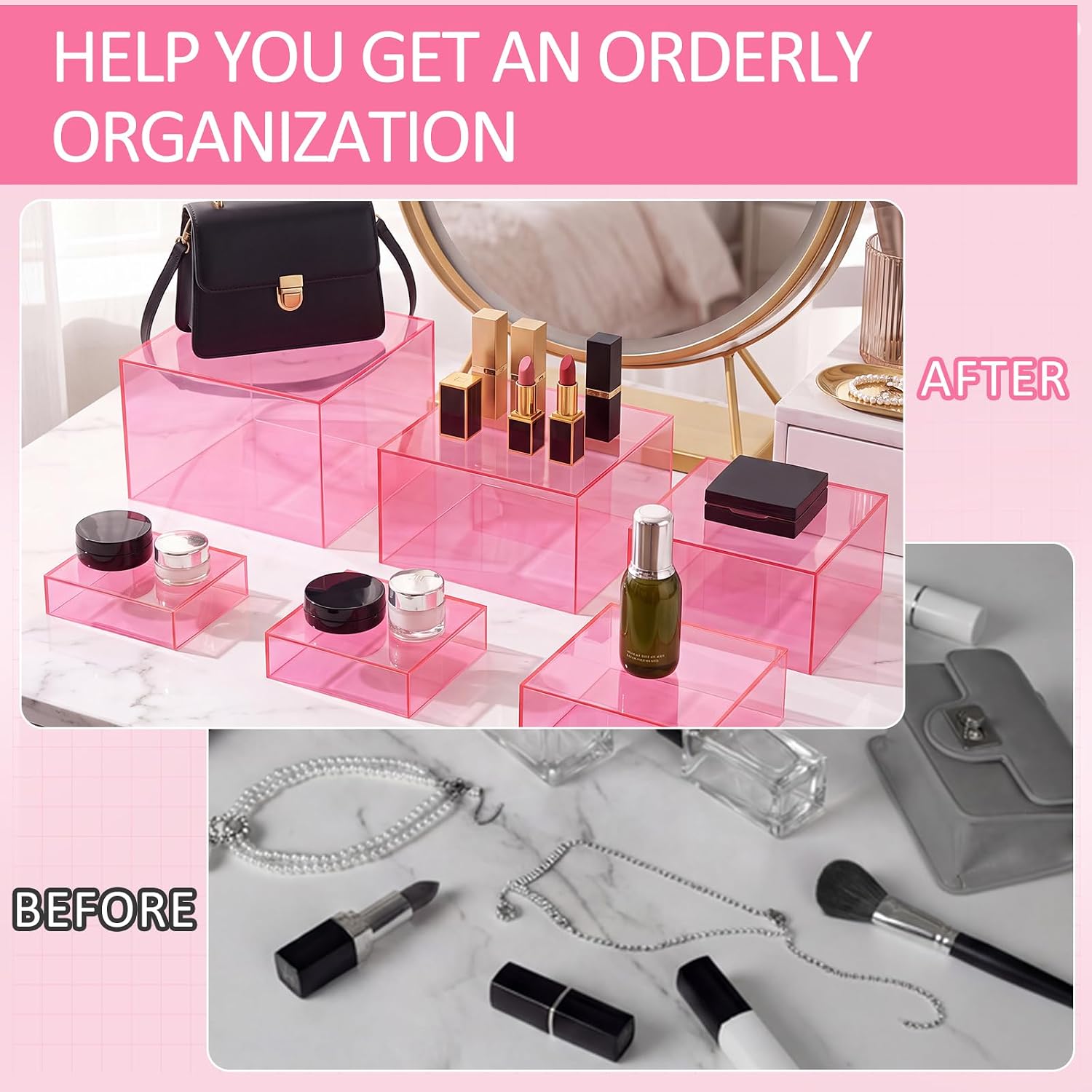 8 Pack Acrylic Buffet Display Risers for Food Jewelry,Pink,Flat | 3-10 Inch Cube Boxes with Hollow Bottoms, Clear Acrylic Stands for Dessert Table, Stackable Elevated Riser for Jewelry