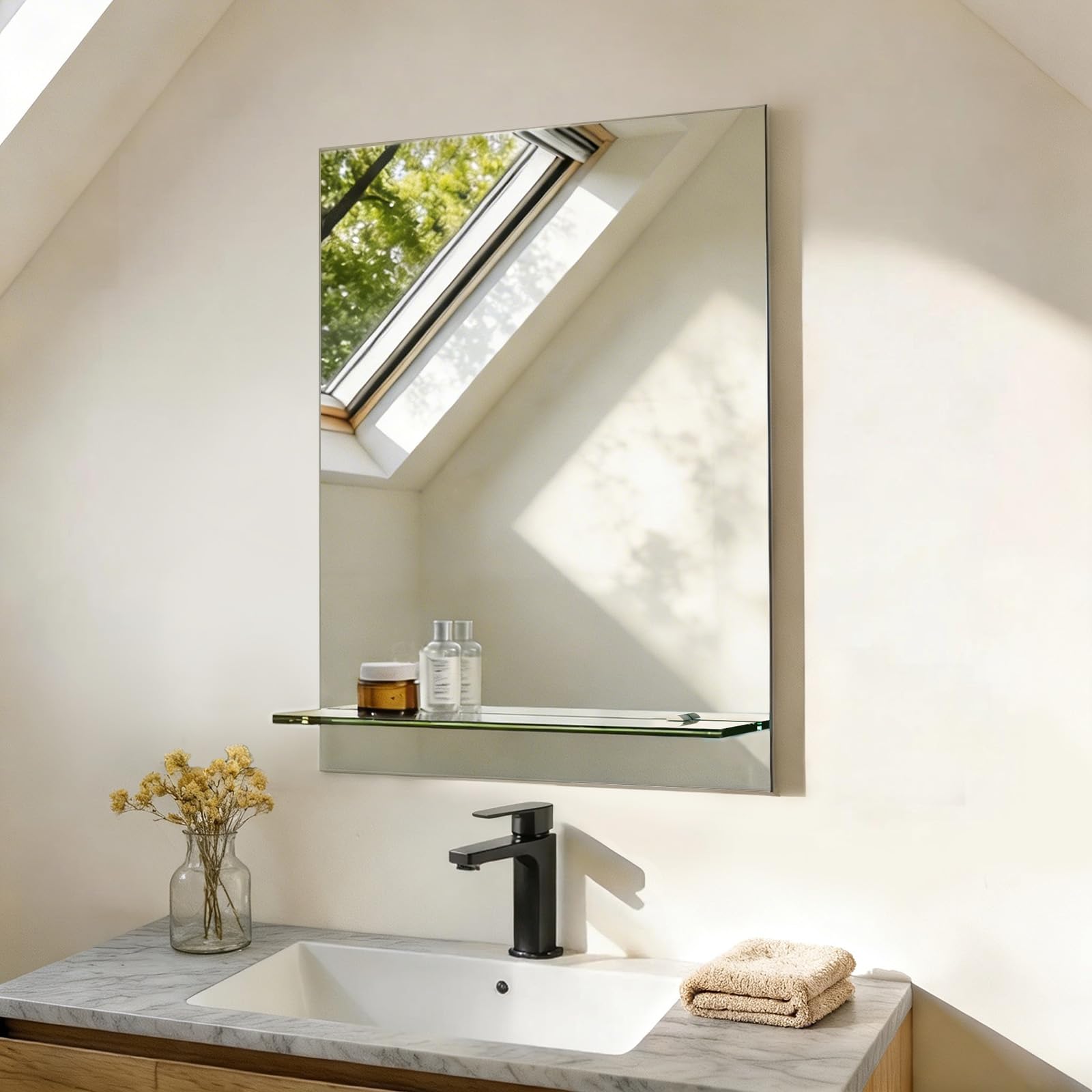 S'AFIELINA Specchio da bagno con ripiano 45x60 cm, specchio da parete con ripiano, Adatto a bagni, soggiorni, residenze studentesche, case per ospiti, ecc
