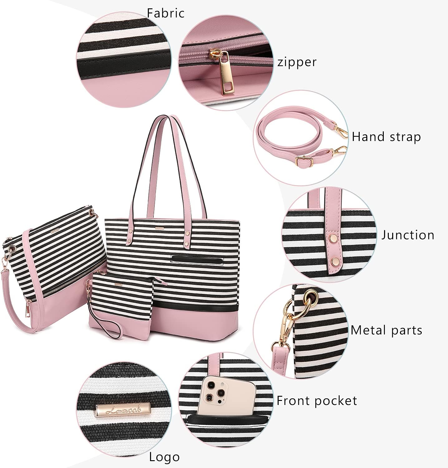LOVEVOOK Womens Purses Satchel Handbags Shoulder Hobo Tote Bag Top Handle Crossbody 3pcs Purse Set Stripes Style,Pink