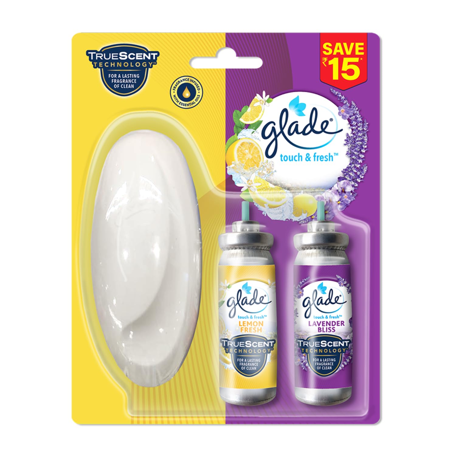 Glade Touch & Fresh Air Freshener, 2 Refill + Holder, Lemon & Lavender