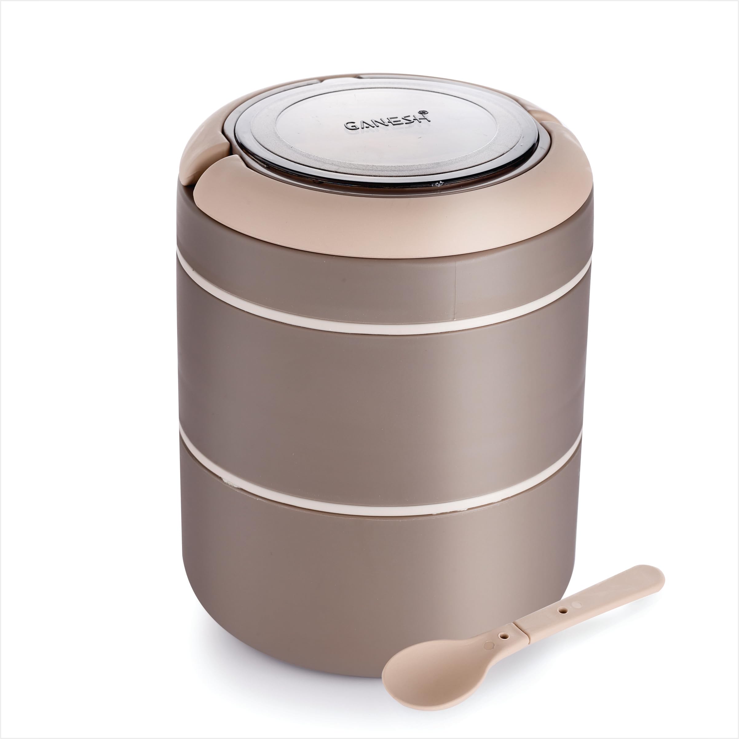 Ganesh Smart Stack 2 Layer Protable Lunch Box Stainless Steel Airtight Leak-Proof Lunch Box for Office, School, Picnic - Brown - 800ml