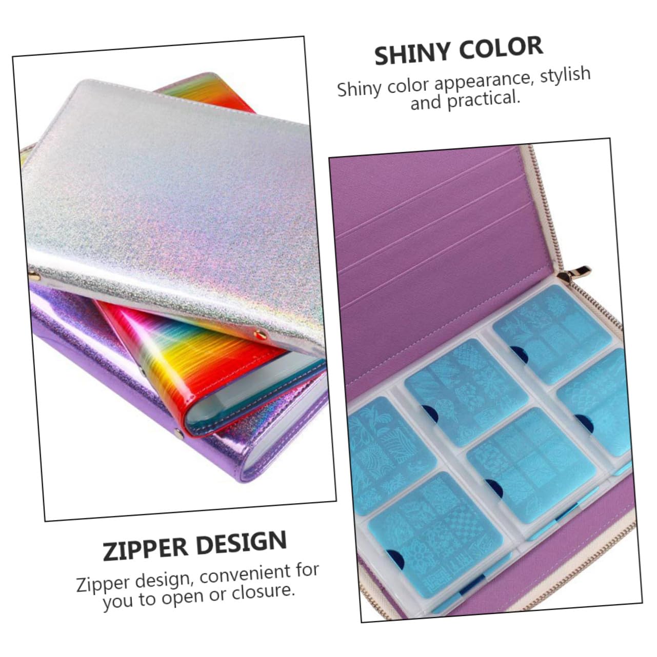Estuche para Placas de Decoración de Uñas Diseño de Cremallera, Capacidad para 72 Plantillas de Nail Stamping, Material Pu y Aleación Resistente para Manicura