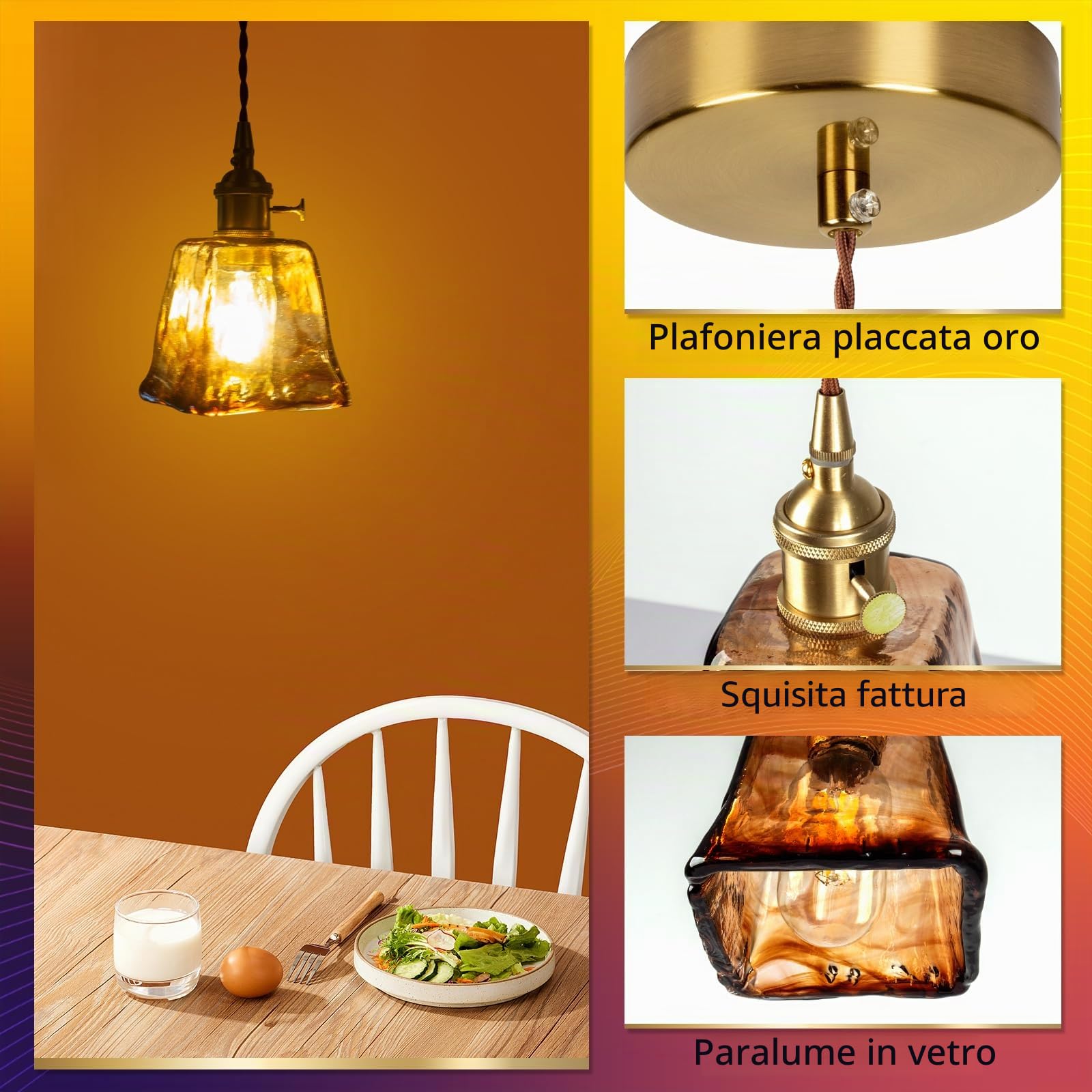 Chrasy E27 Moderne Lampada a Sospensione in Vetro Trasparente Lampada Loft Lampadario Vetro Strutturato Ottone per Isola Cucina Sala Da Pranzo