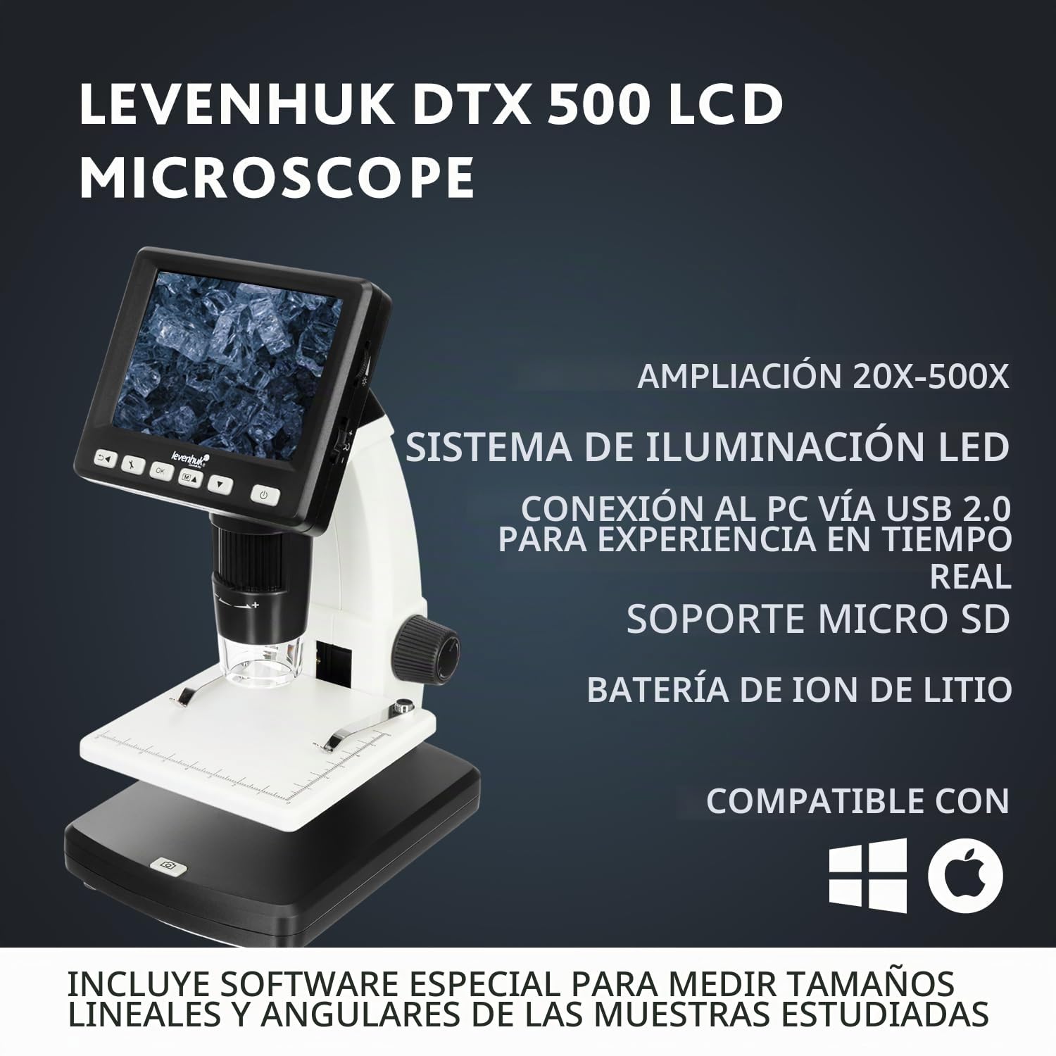 Microscopio Digital Portátil USB Levenhuk DTX 500 LCD (20–500x) con Pantalla LCD
