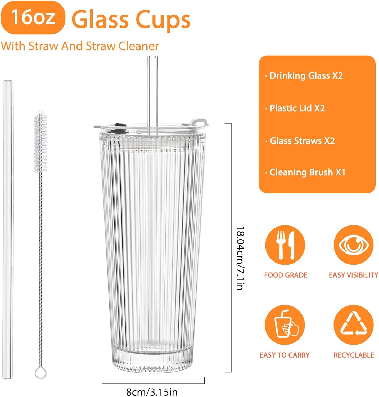 16oz Ribbed Glass Tumbler with Lid and Glass Straw – Set of 4 Glass Cups with Lids and Straws for Coffee, Smoothies, Cocktails and More, Reusable Iced Coffee Cups for Daily Use and Travel - Image 3