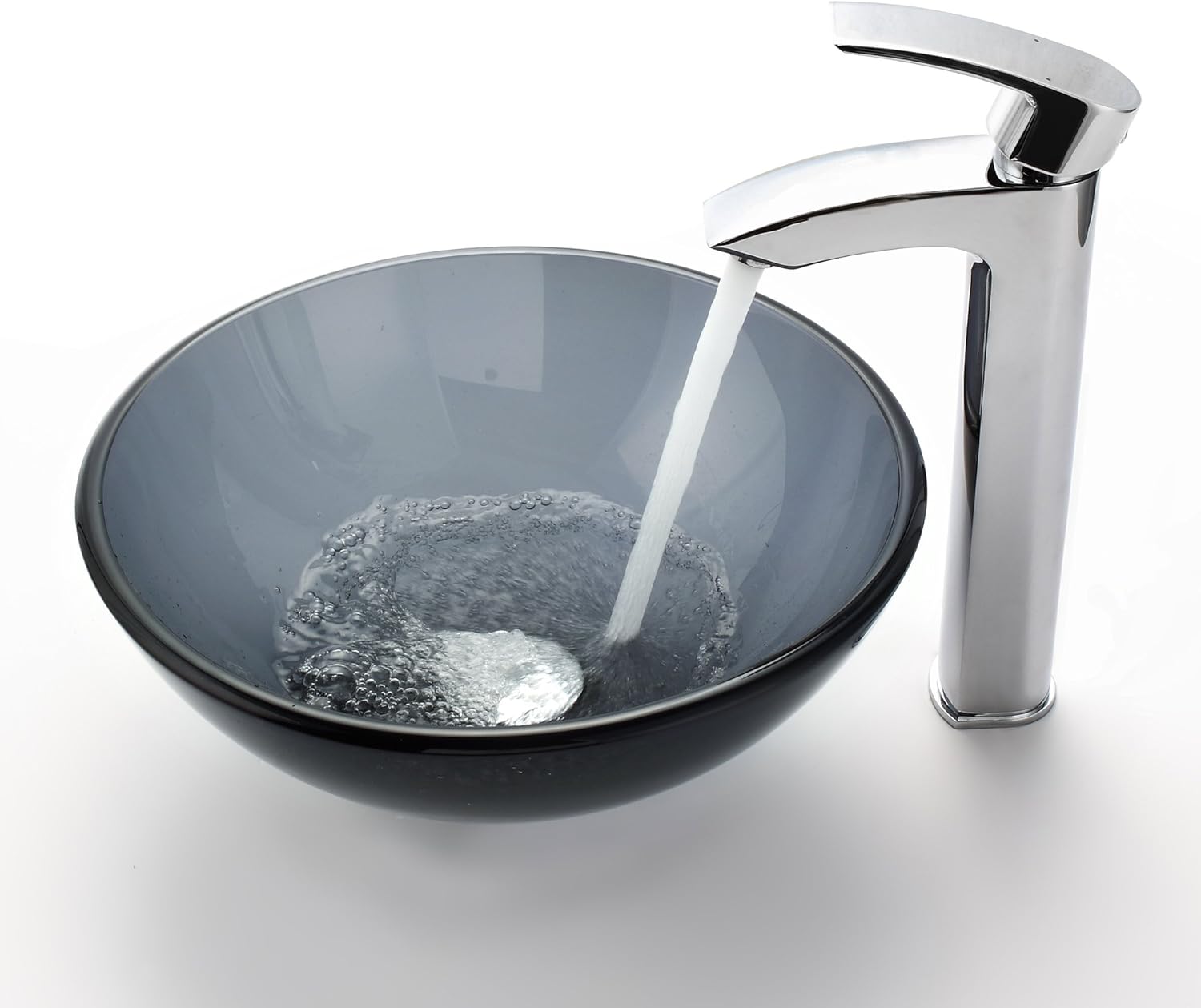Kraus GV-104-14-SN 14-Inch Clear Black Glass Vessel Sink with PU-MR, Satin Nickel
