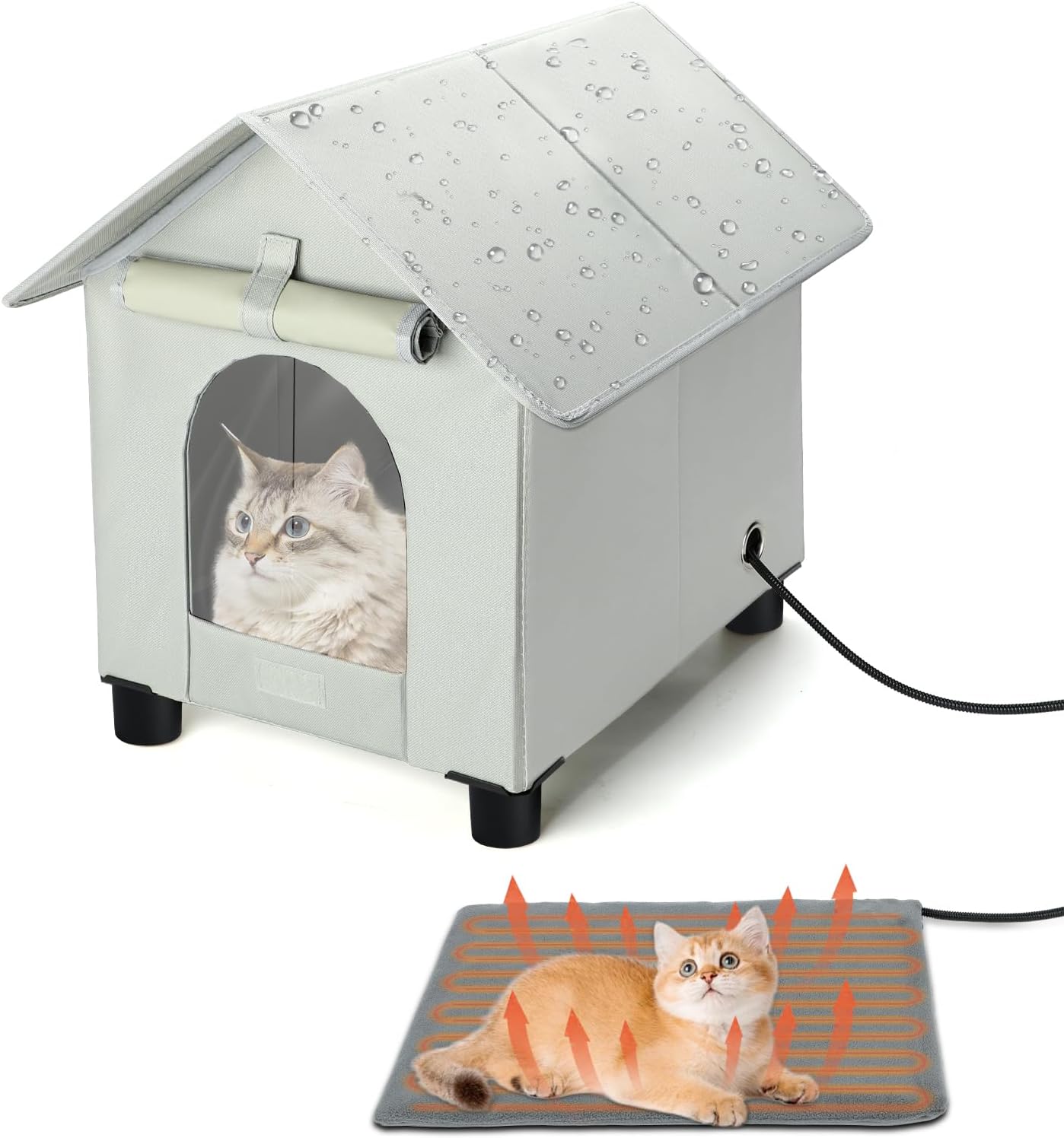 Heated Cat Houses in Winter Waterproof, Elevated Heated Outdoor Cat House Insulated Outside Feral Cat House Shelter with Escape Door for Cats or Small Dogs (Grey, Small (13.4"x16.9"x18.5"))