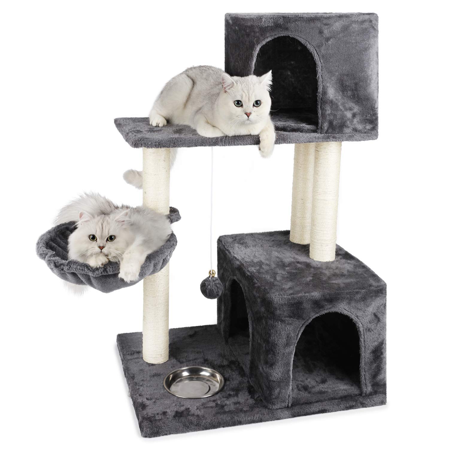 JS NOVA JUNS Cat Tree, Cat Tower with Sisal-Covered Scratching Posts Basket Fur Ball and 2 Cozy Condos Cat Furniture for Kitten Light Gray