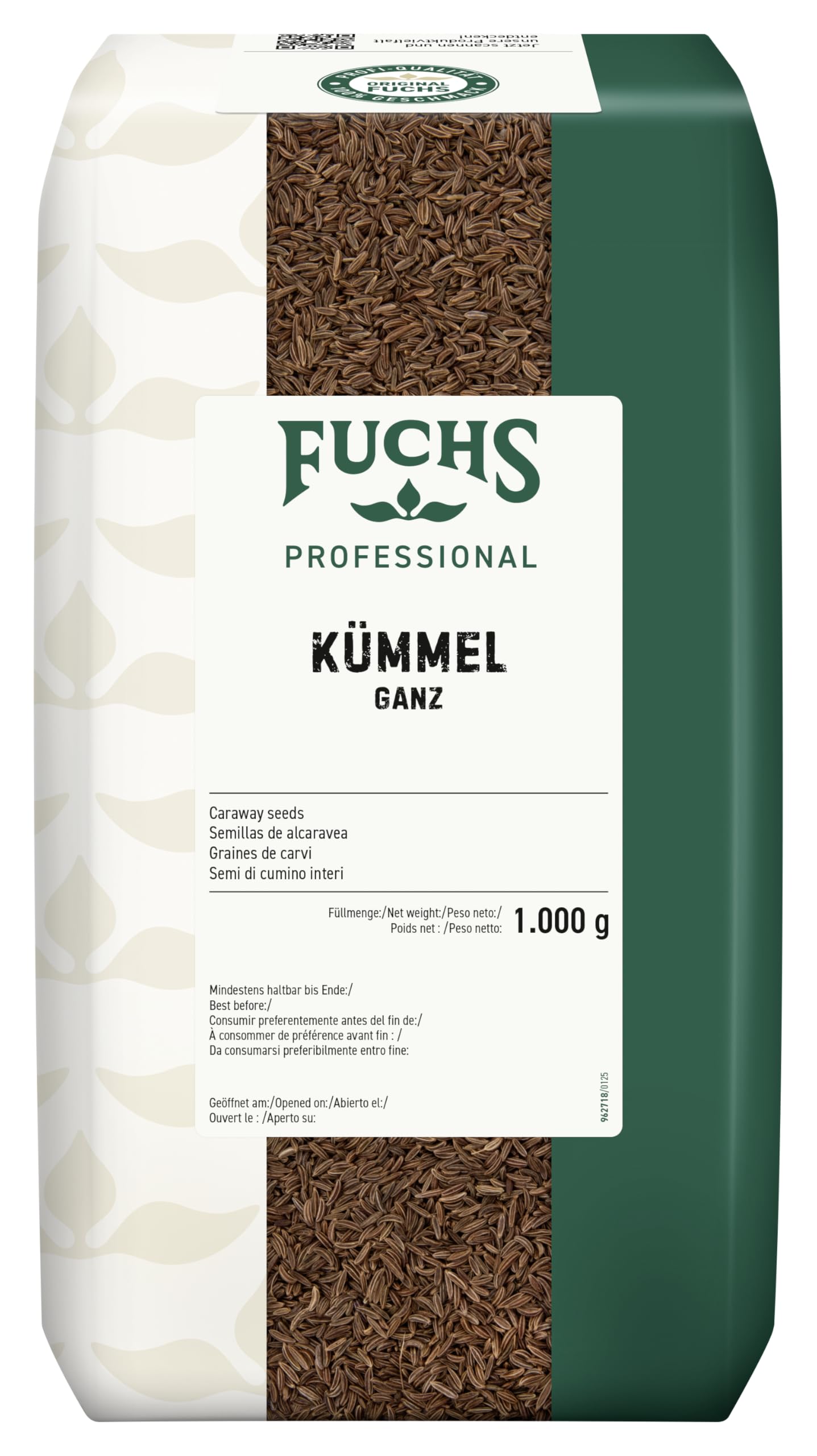 Fuchs Professional - Kümmel ganz | Ungemahlen, zum Würzen von Bratkartoffeln oder Krautgerichten | Profi-Qualität für Großverbraucher und Gastronomie | 1 kg im recyclebaren Beutel
