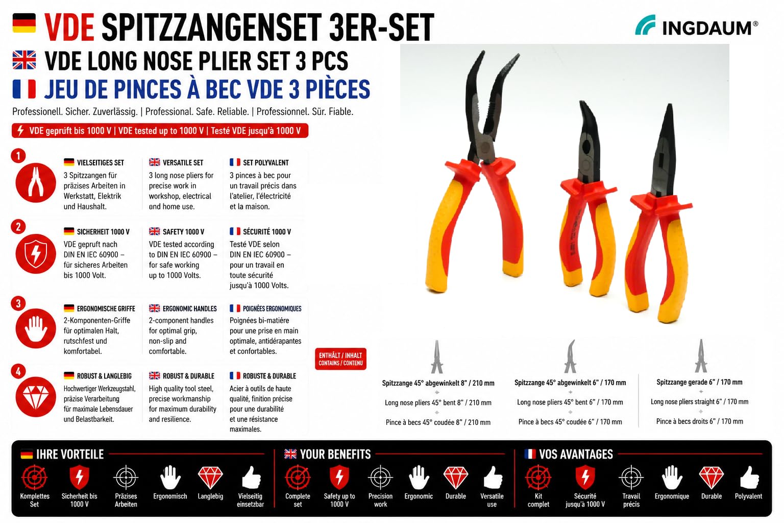 Set di pinze a becco lungo INGDAUM VDE 3 pezzi 170mm e 210mm | Dritte e angolate a 45°, Isolate fino a 1000 V, Versione 4.7