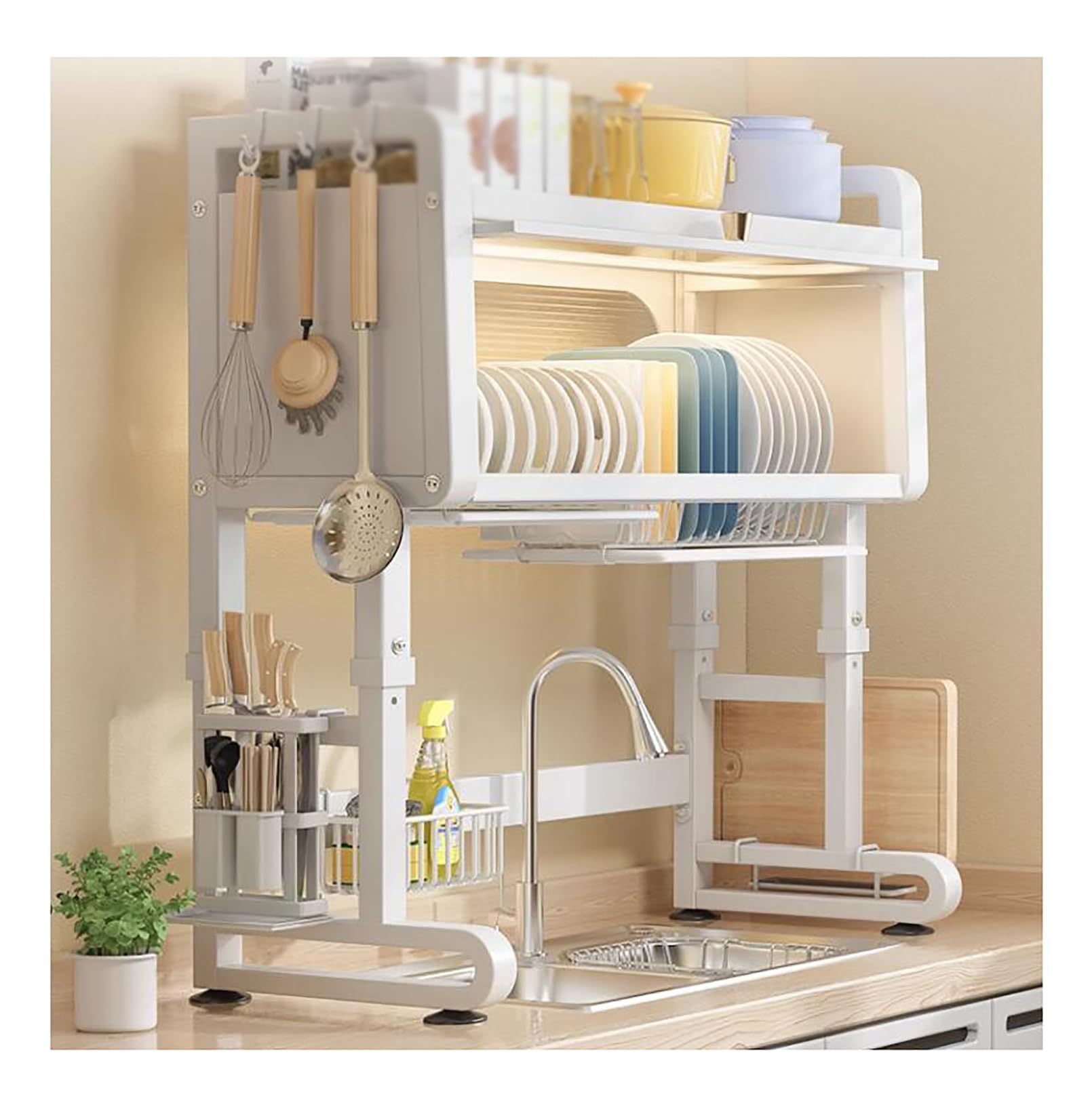 Escurridor de platos ajustable de 3 niveles con panel de drenaje, encimera de cocina con ganchos para sils y soporte de cuchillos, color blanco, ideal para almacenamiento en gabinetes