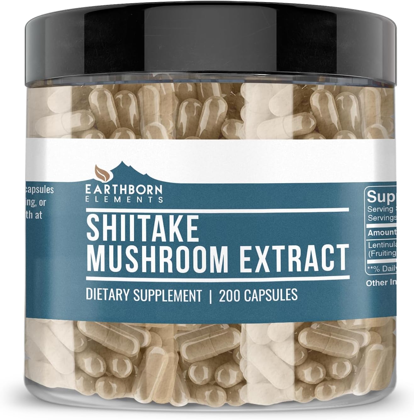 Earthborn Elements Shiitake Mushroom Extract 200 Capsules, Pure & Undiluted, No Additives