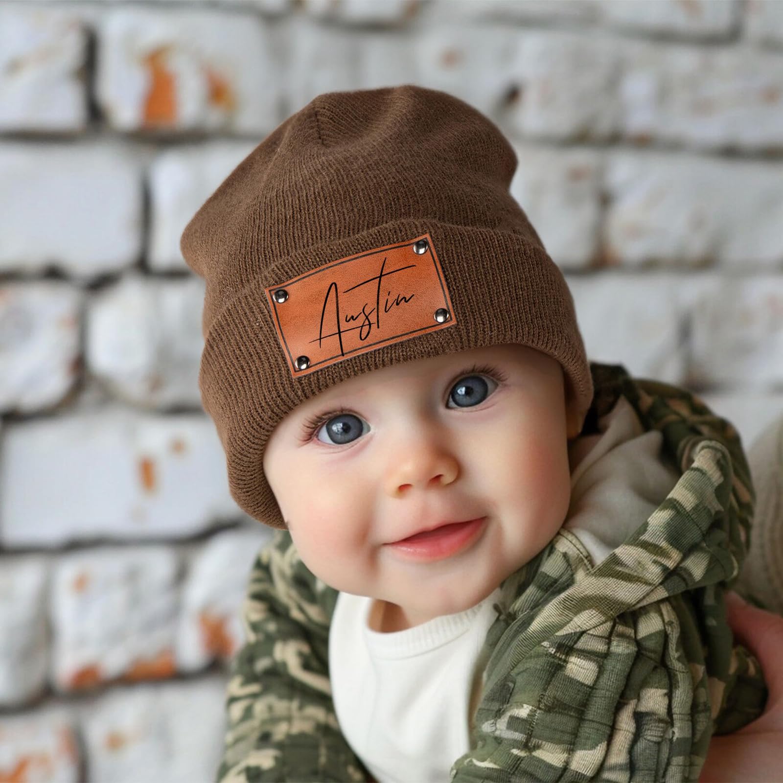 Rucekia Custom Name Baby Hats for Boys Girls, Personalized Leather Patch Beanies for Infants Toddlers Adults, Newborn Winter Knitted Hat Brown