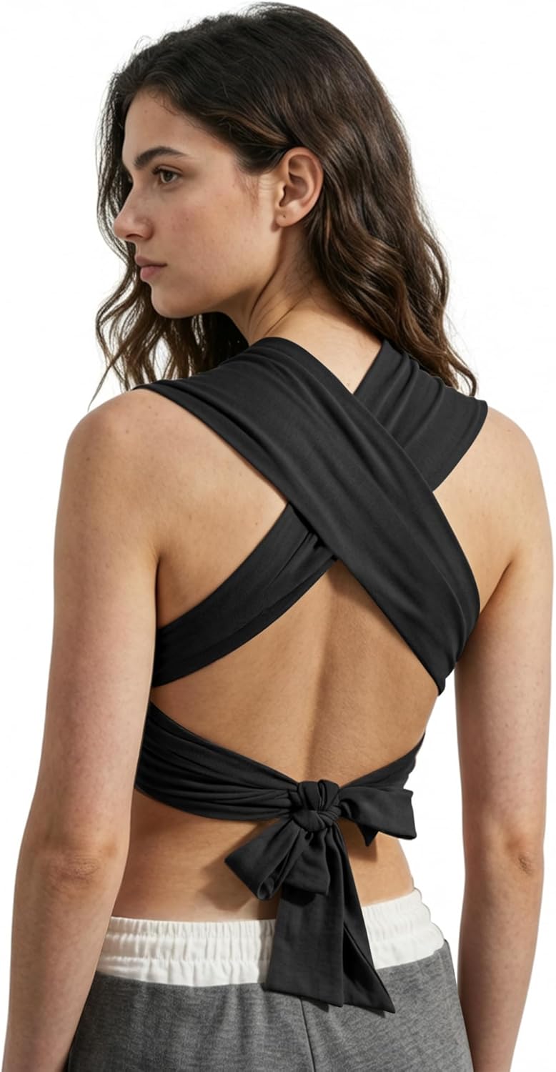 Women's Deep V Neck Crop Top, Adjustable Tie Up Backless Halter Top, Breathable Cotton Summer Festival Top - Image 2