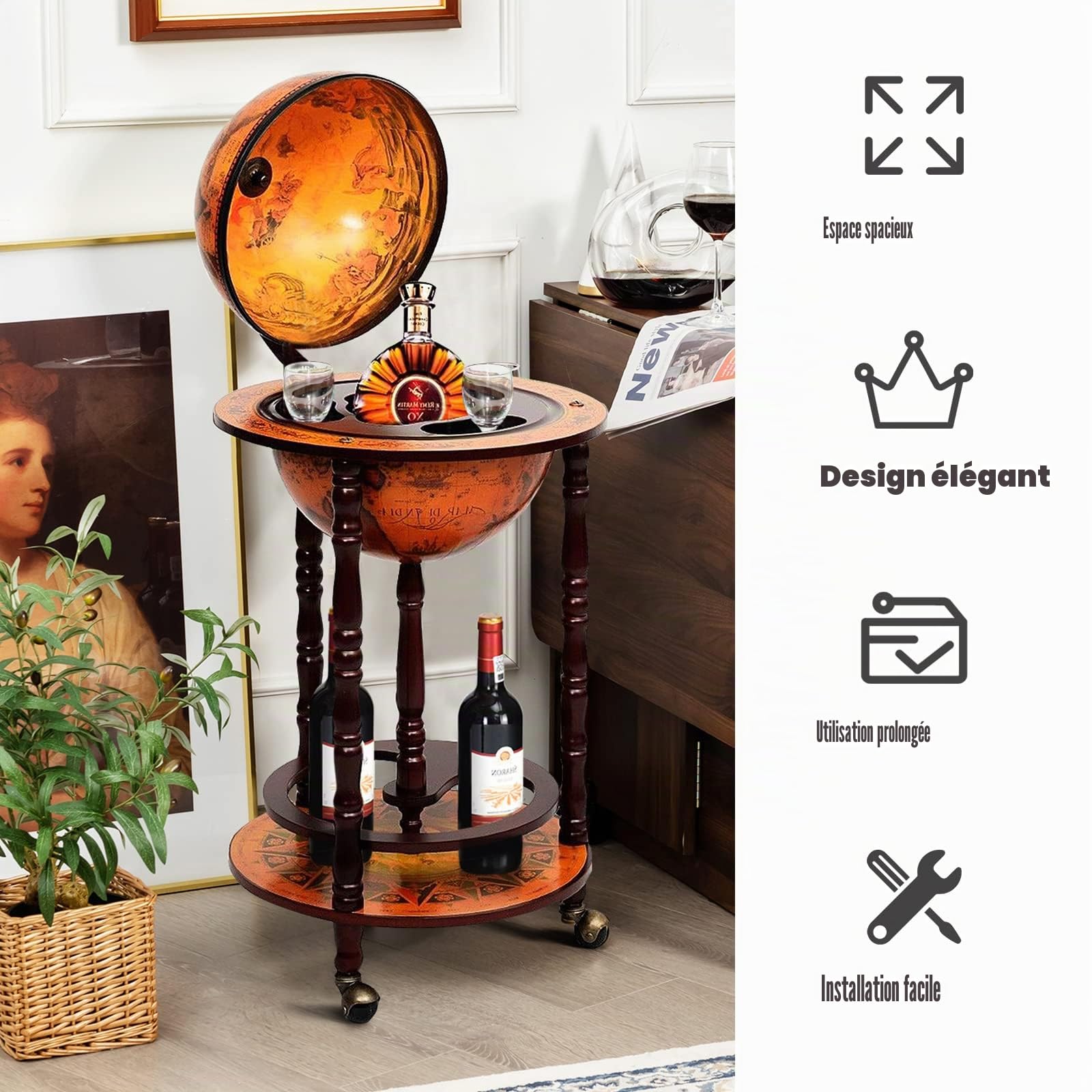 Costway Globe Bar avec Roues Mobile Porte Liqueurs, Dessin innovant et Pratique, Marron, 88 x 45 x 45 cm