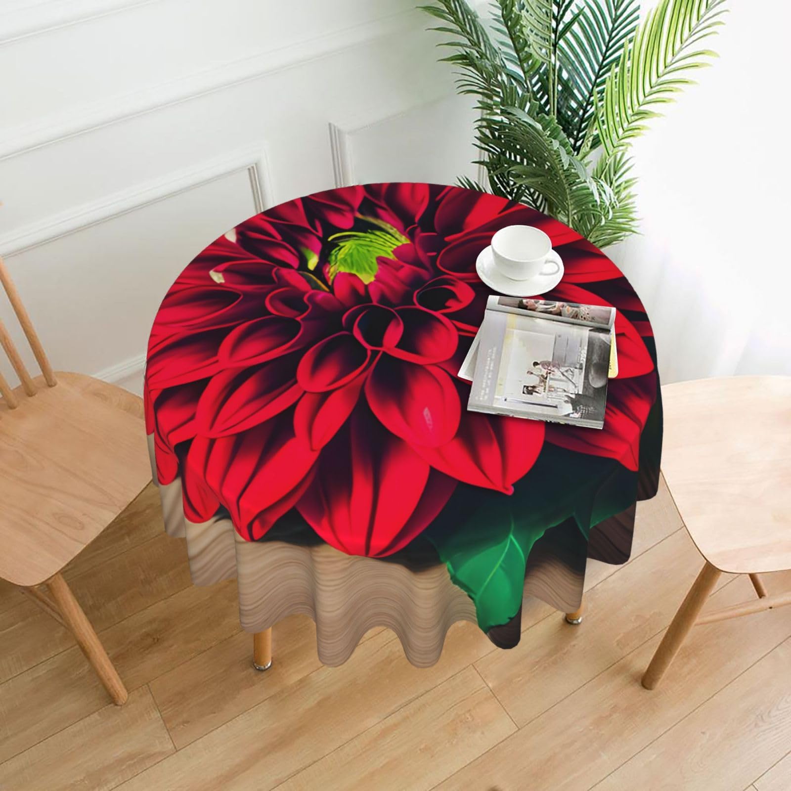 SDEGTHO Wooden Board Retro Flower Red Dahlia Print Modern Retro Round Tablecloth 60in Polyester Fabric Cover for Party Dining Table Washable