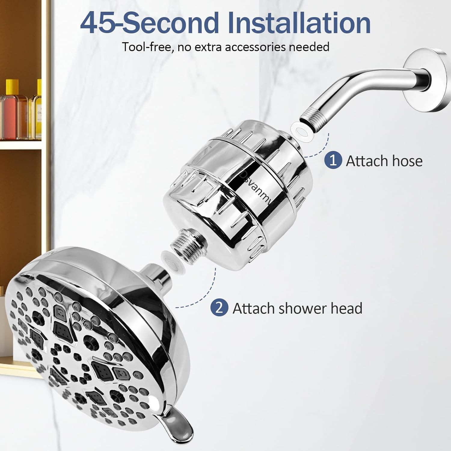 High-pressure showerhead set with 25-level filter, suitable for hard and soft water - 7 spray modes, 5-inch showerhead cover, can remove 99.99% of chlorine and heavy metals (chrome-plated)