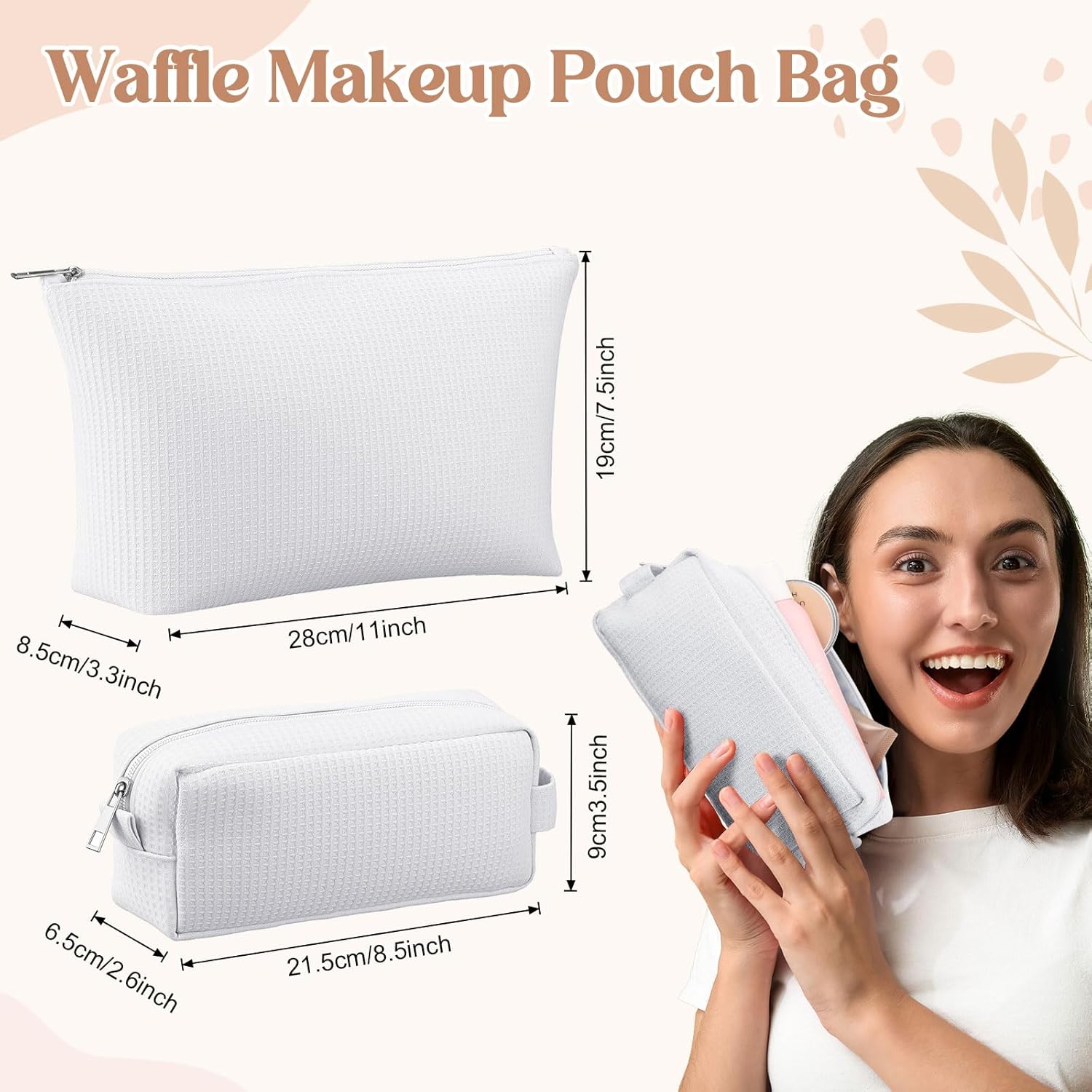 2 Pcs Waffle Makeup Pouch Bag Travel Cosmetic Bag for Women Soft Aesthetic Makeup Organizer Portable Pouch for Bridesmaid, Wedding, Christmas(White) - Image 2