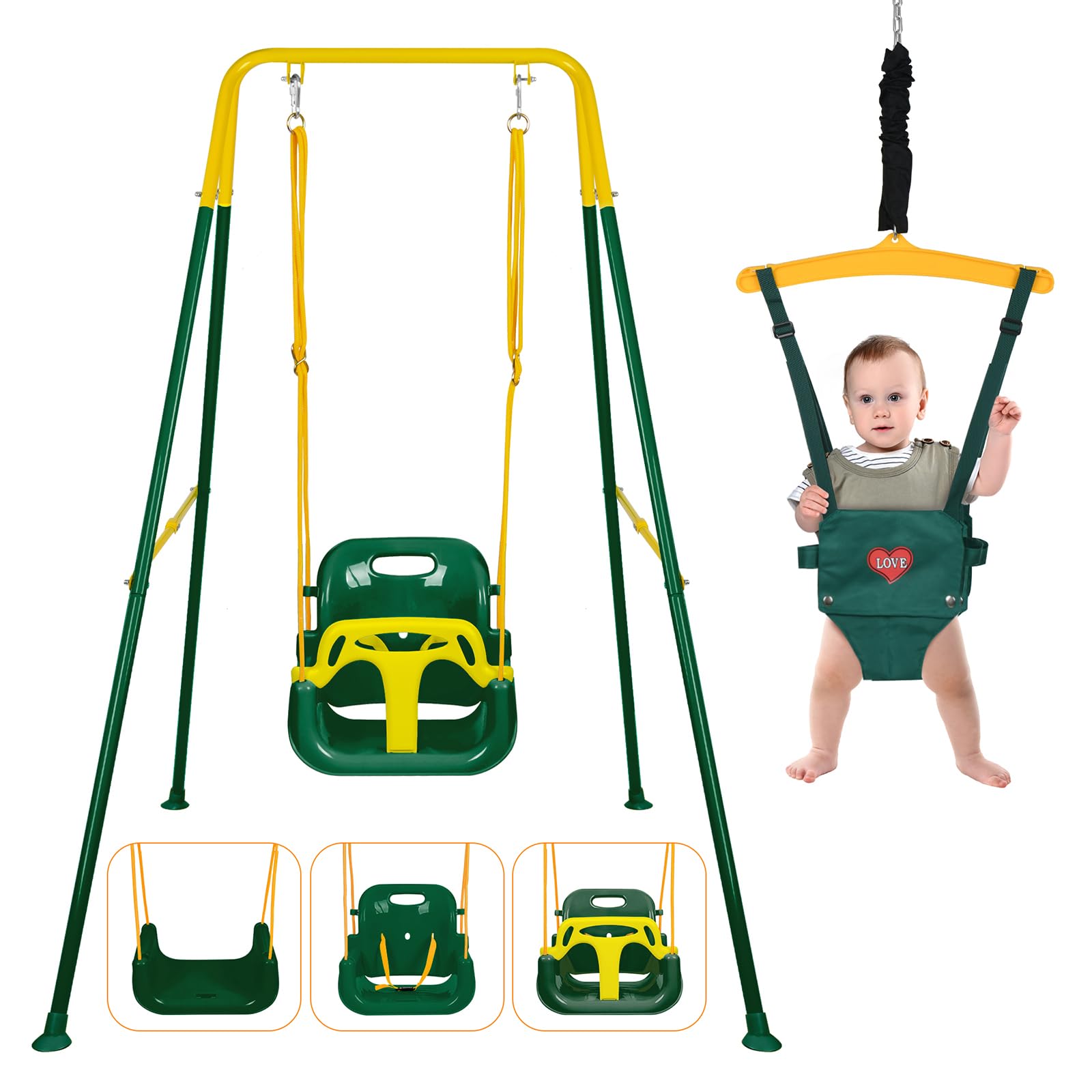 Siège Balançoire 4 En 1 Évolutif – Sauteur Et Balançoire Bébé 9-18 Mois, Support Pliable, Ceinture Sécurité, Intérieur Extérieur (Noir)