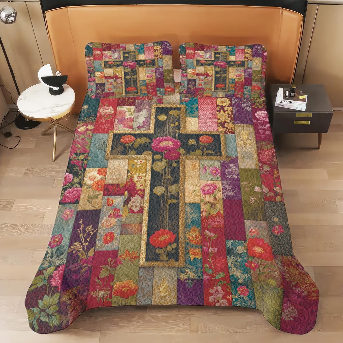 Personalized Faith Cross Premium Quilt – Custom Name Christian Quilt, Religious Comforter Patchwork Blanket with Cross, Scripture Verse, Floral Sunflower Bedding Gift Decor (Faith Cross 02)