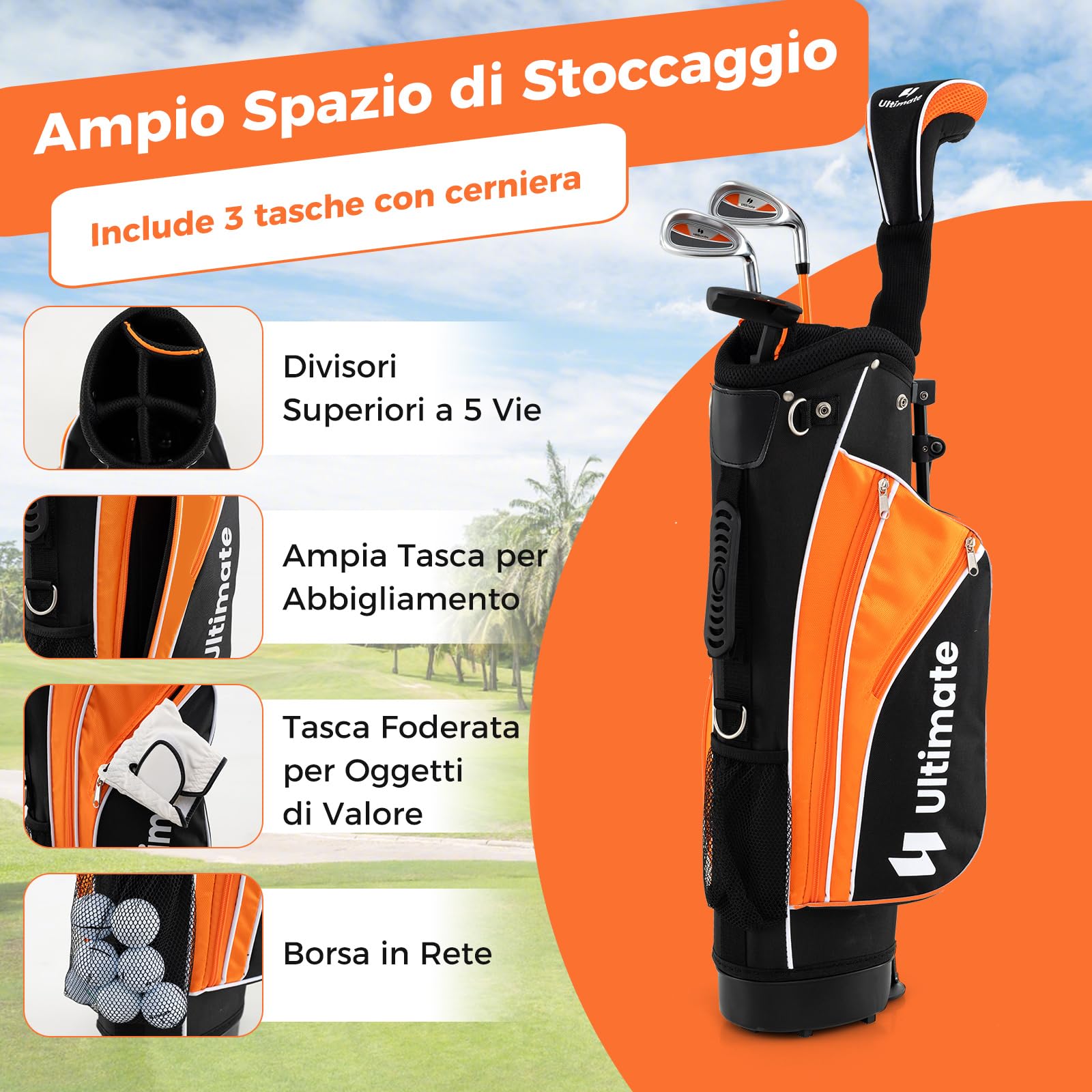COSTWAY Set Completo di Mazze da Golf per Bambini, Inculude Fairway 3, Ferri 7 e 9, Putter, Copritesta, Borsa Portatile e Cappuccio Antipioggia, Set da Golf per Destrimano