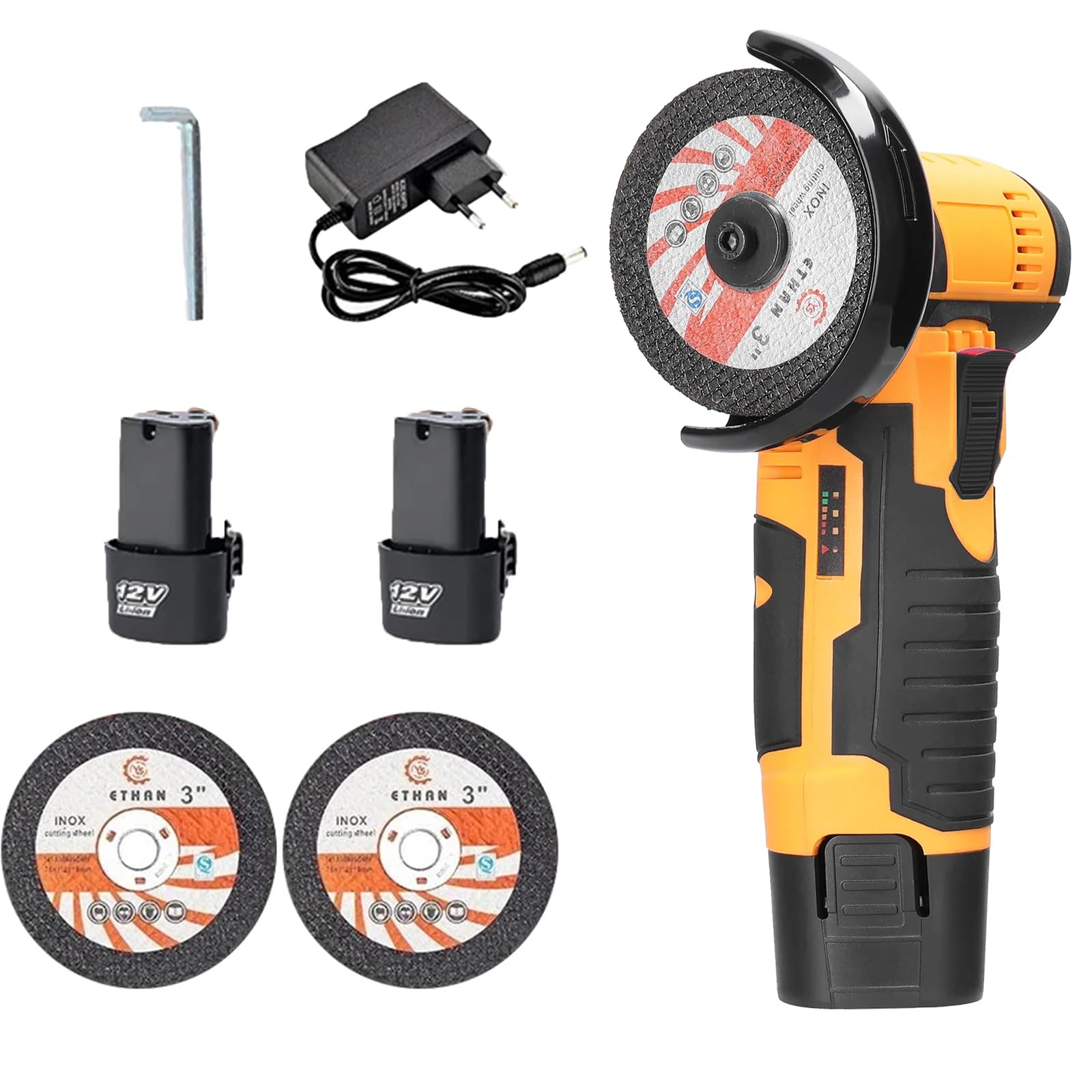 VOLTIX Smerigliatrice Angolare a Batteria 76mm, Mini Smerigliatrice Portatile con 2 Batterie Ricaricabili, Velocità 19500RPM, 2 Dischi Inclusi – Ideale per Taglio e Levigatura